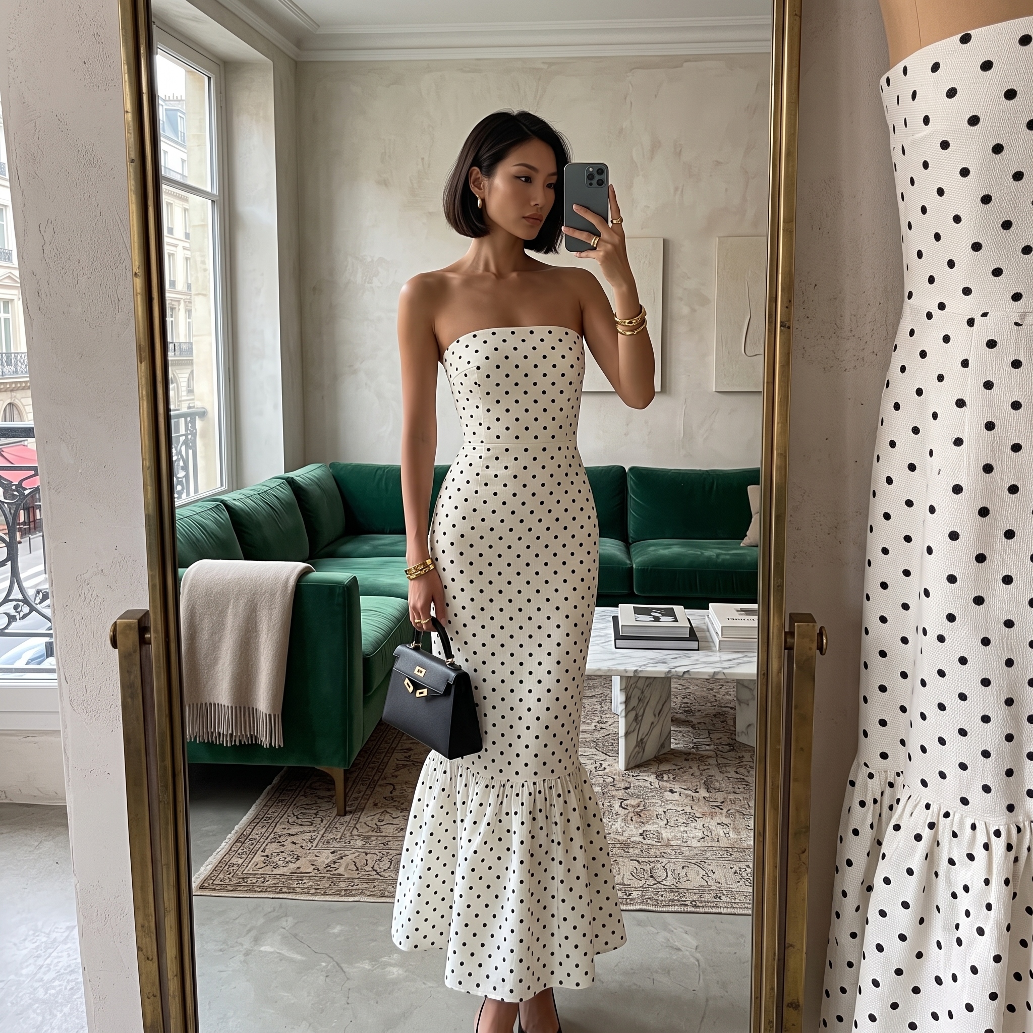 ✨"Parisian Afternoon" Vintage Polka Dot Strapless Mermaid Midi Dress