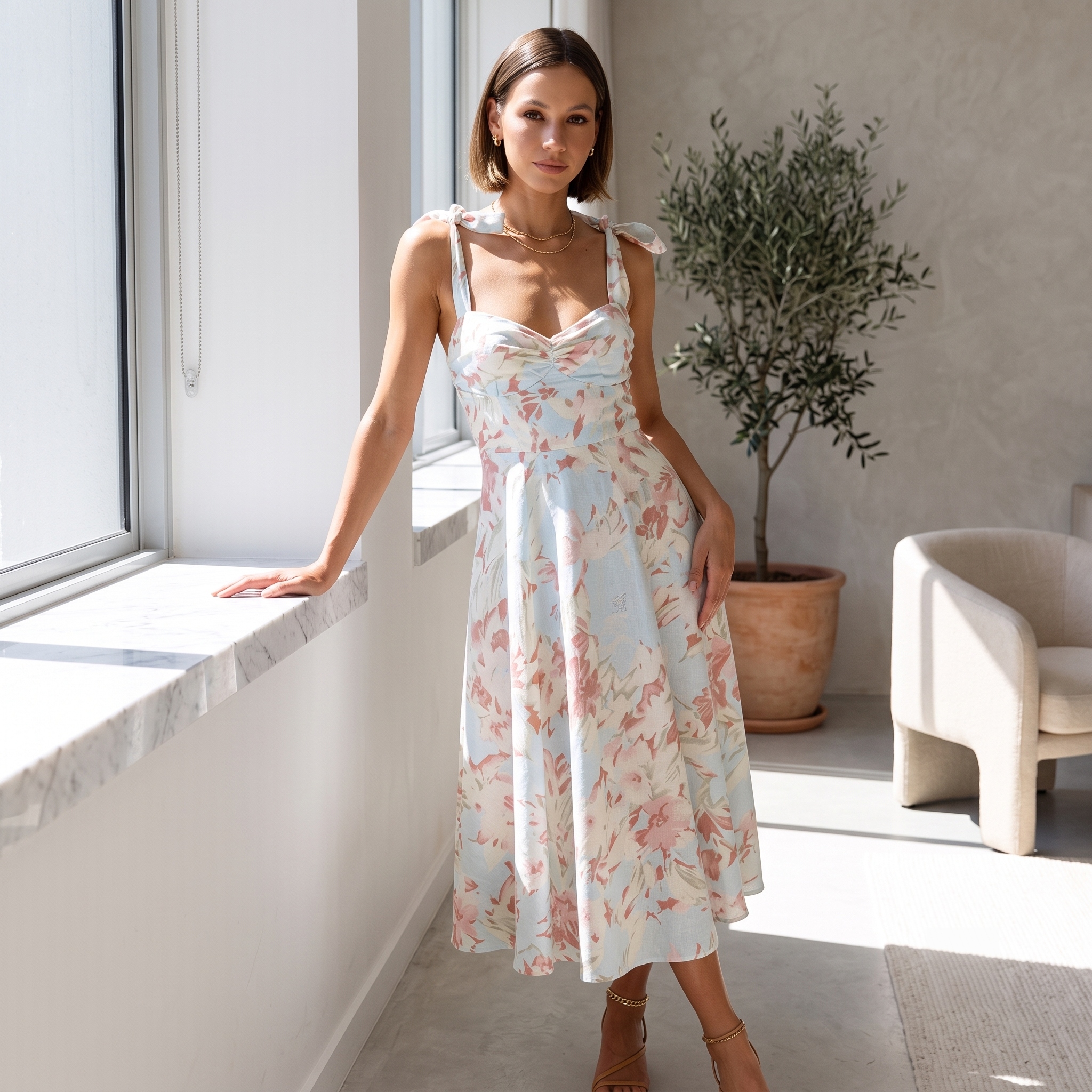 🌷"Monet's Garden" Watercolor Floral Tie-Strap Midi Dress