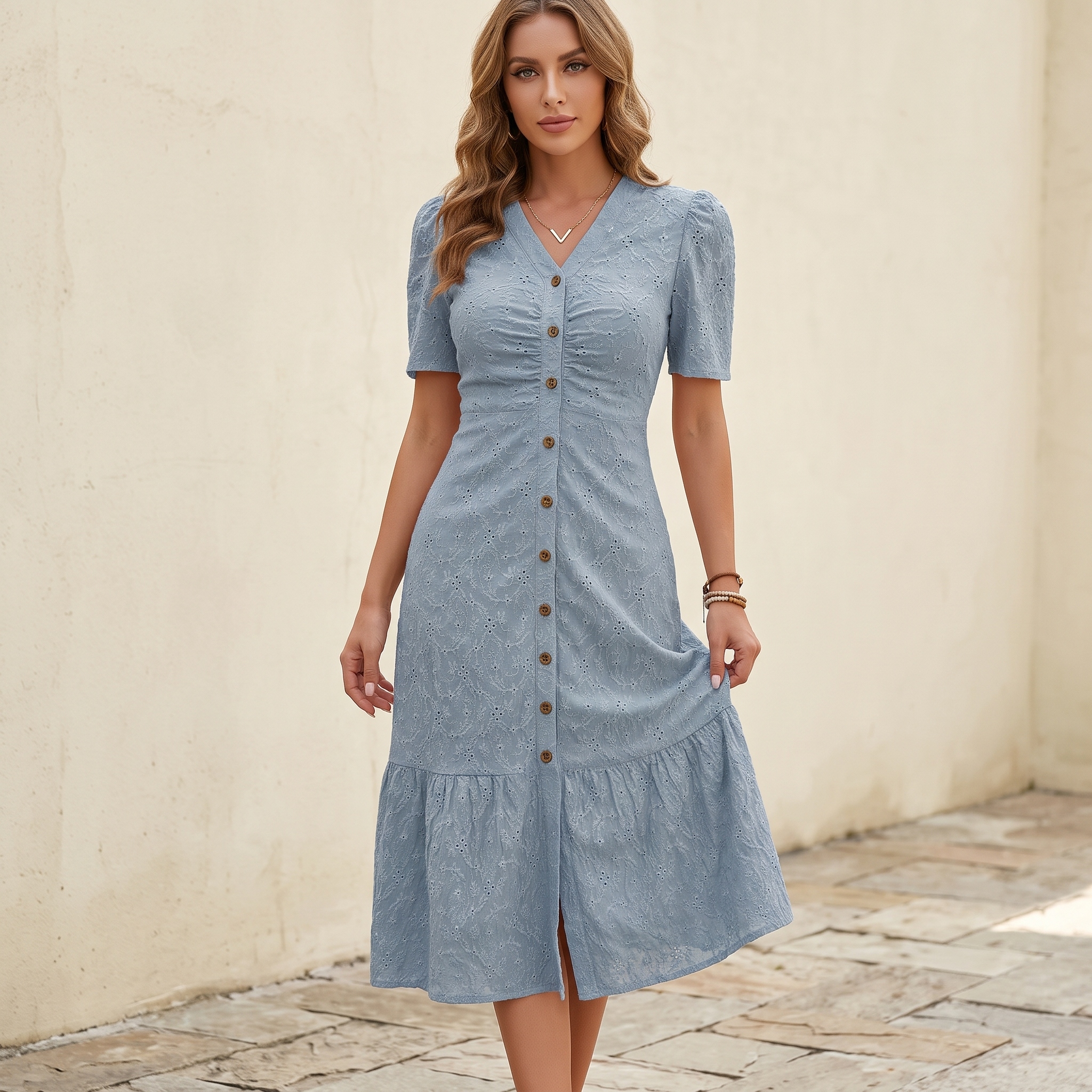 ☀"Riviera Stroll" Broderie Anglaise V-Neck Midi Dress