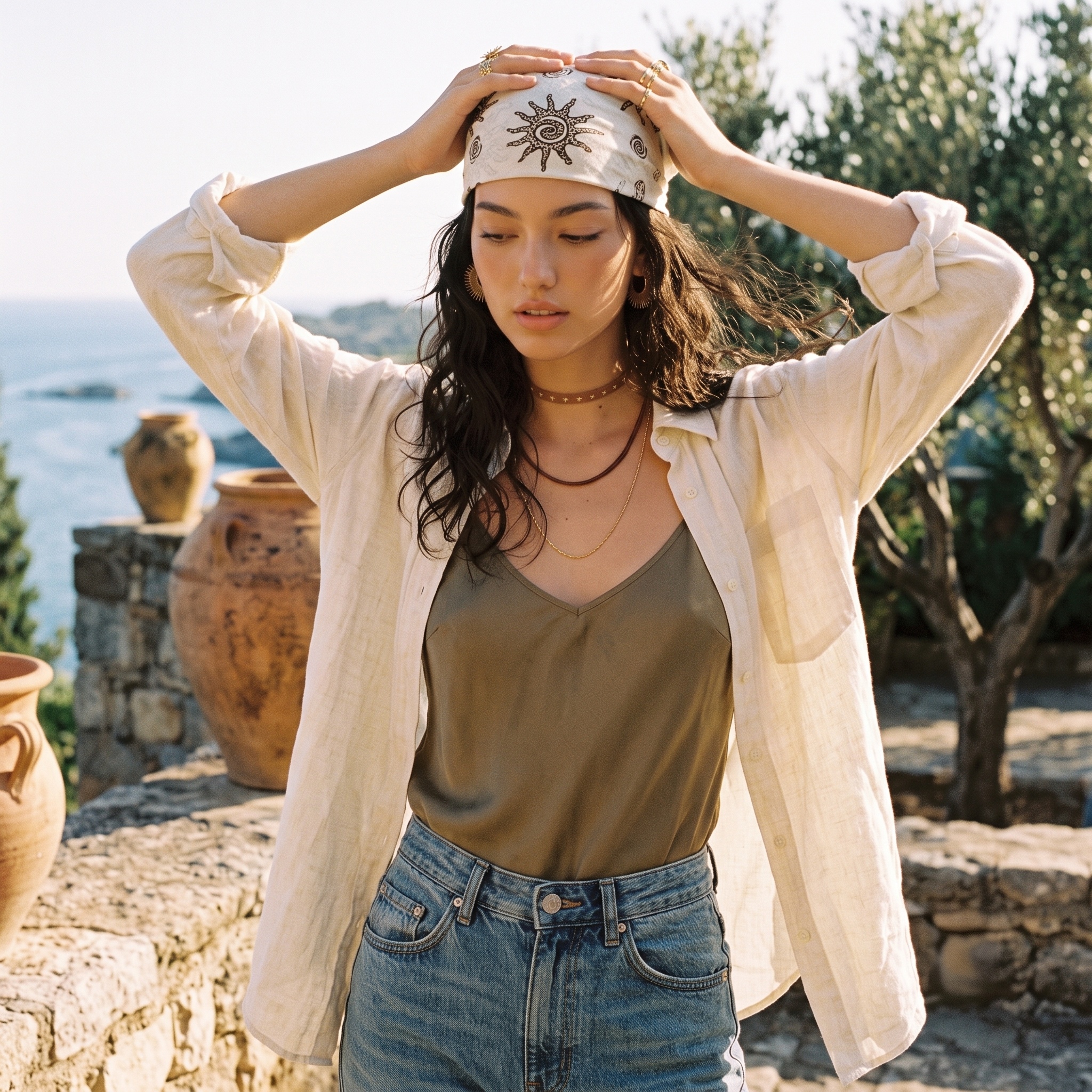  ☀️"Solar Solstice" Vintage Sun-Print Bohemian Cotton-Linen Bandana