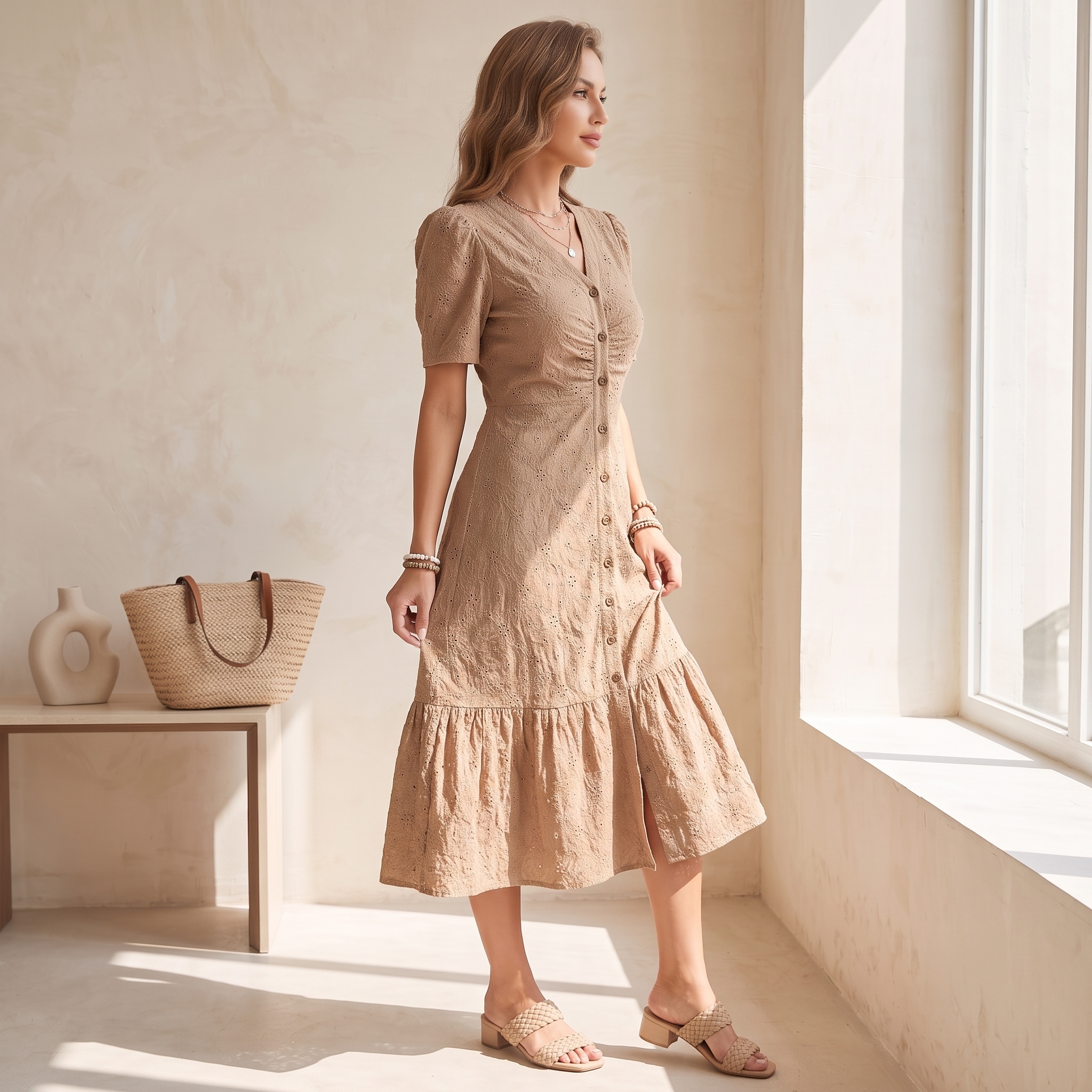 ☀"Riviera Stroll" Broderie Anglaise V-Neck Midi Dress