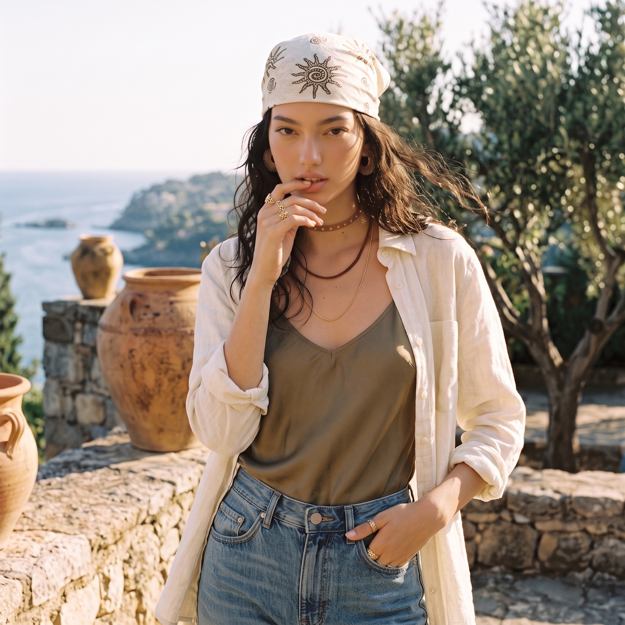  ☀️"Solar Solstice" Vintage Sun-Print Bohemian Cotton-Linen Bandana