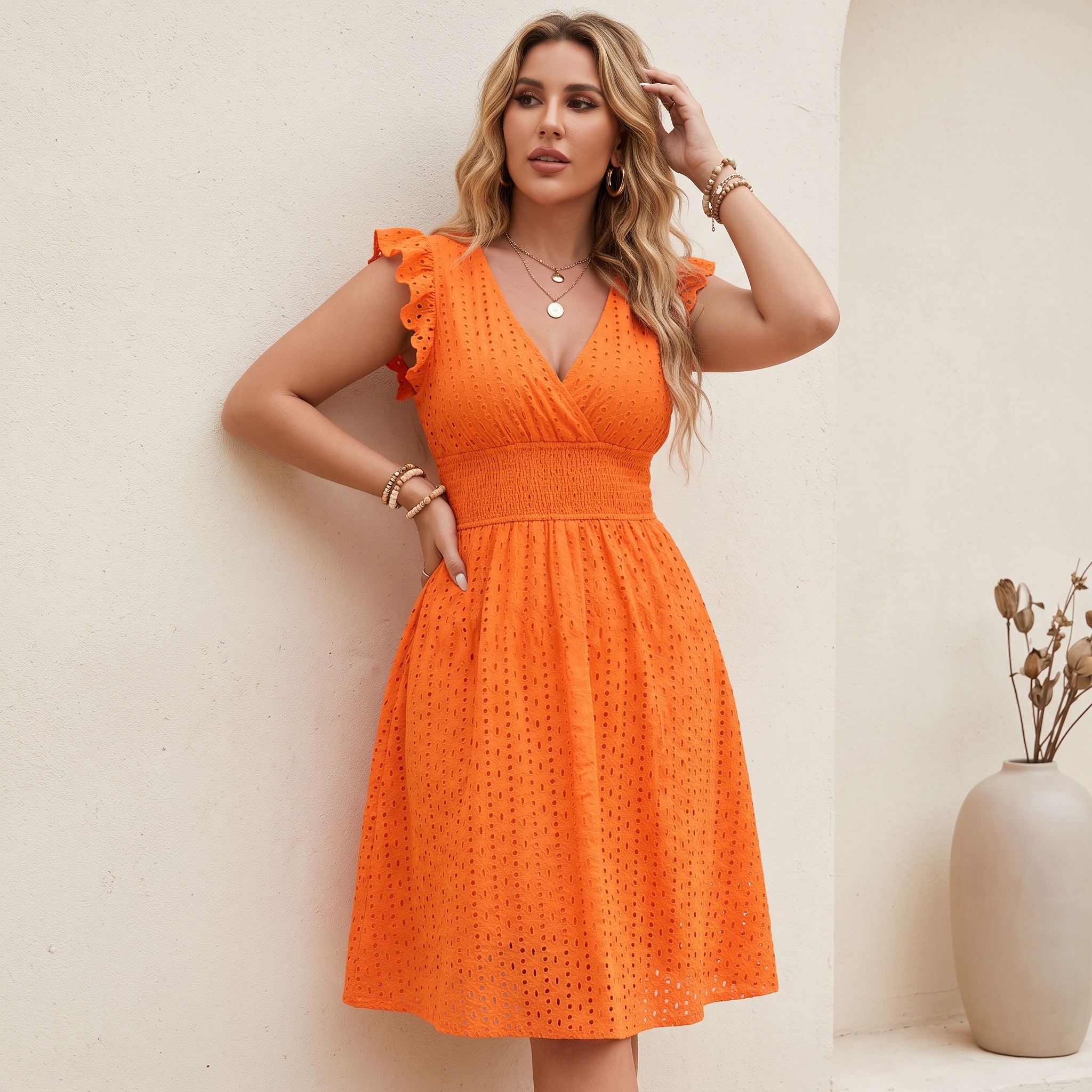 ✨"Holiday Romance" French Eyelet V-Neck Smocked Midi Dress