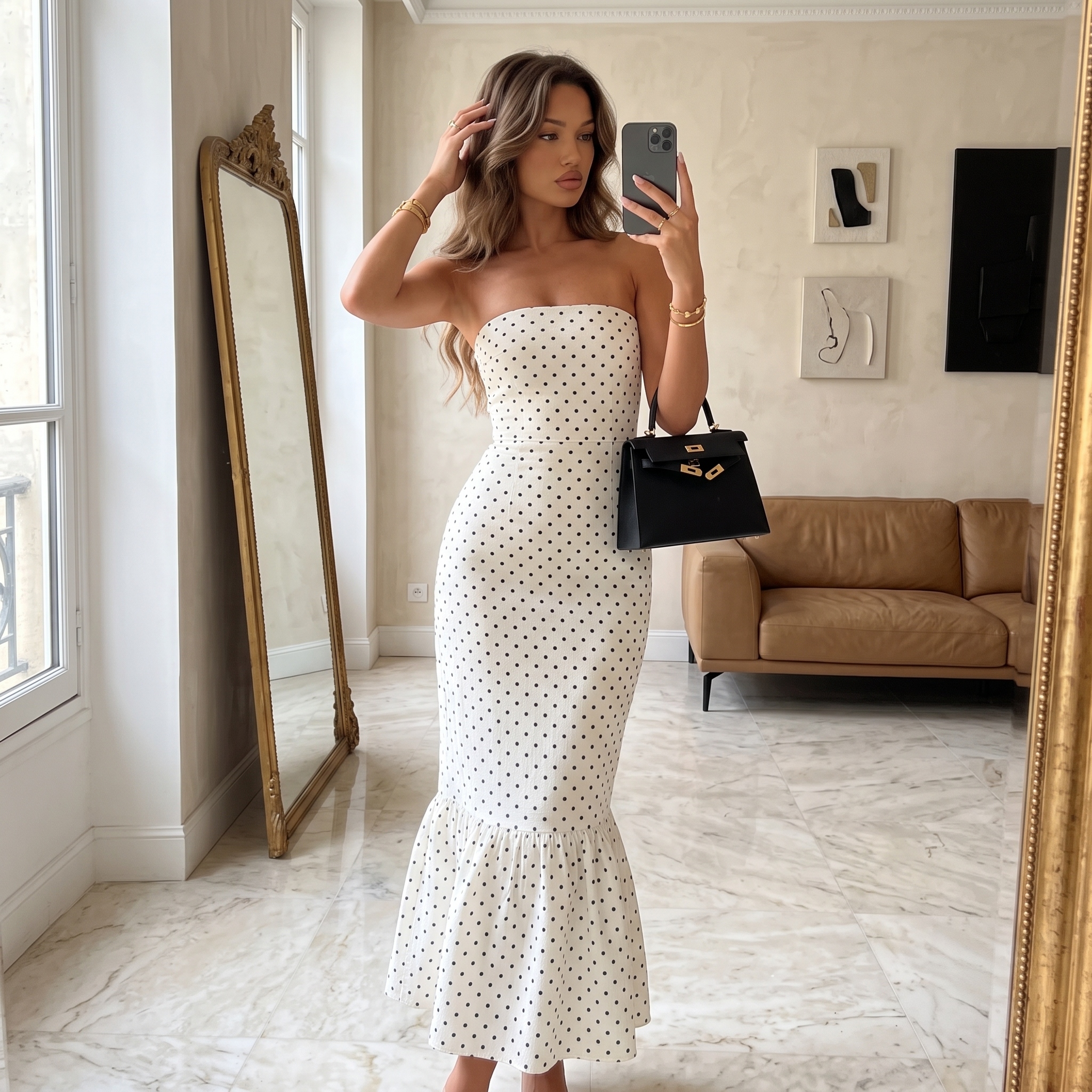 ✨"Parisian Afternoon" Vintage Polka Dot Strapless Mermaid Midi Dress