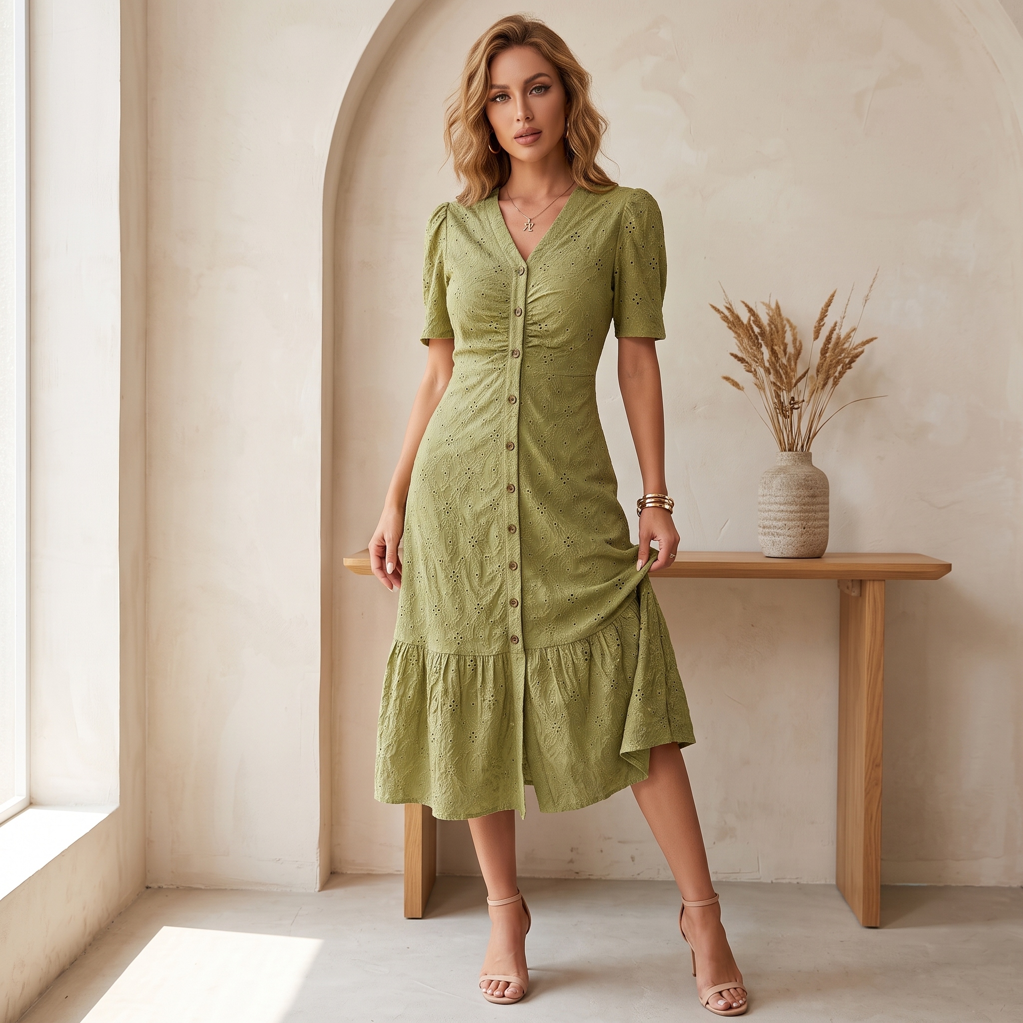 ☀"Riviera Stroll" Broderie Anglaise V-Neck Midi Dress
