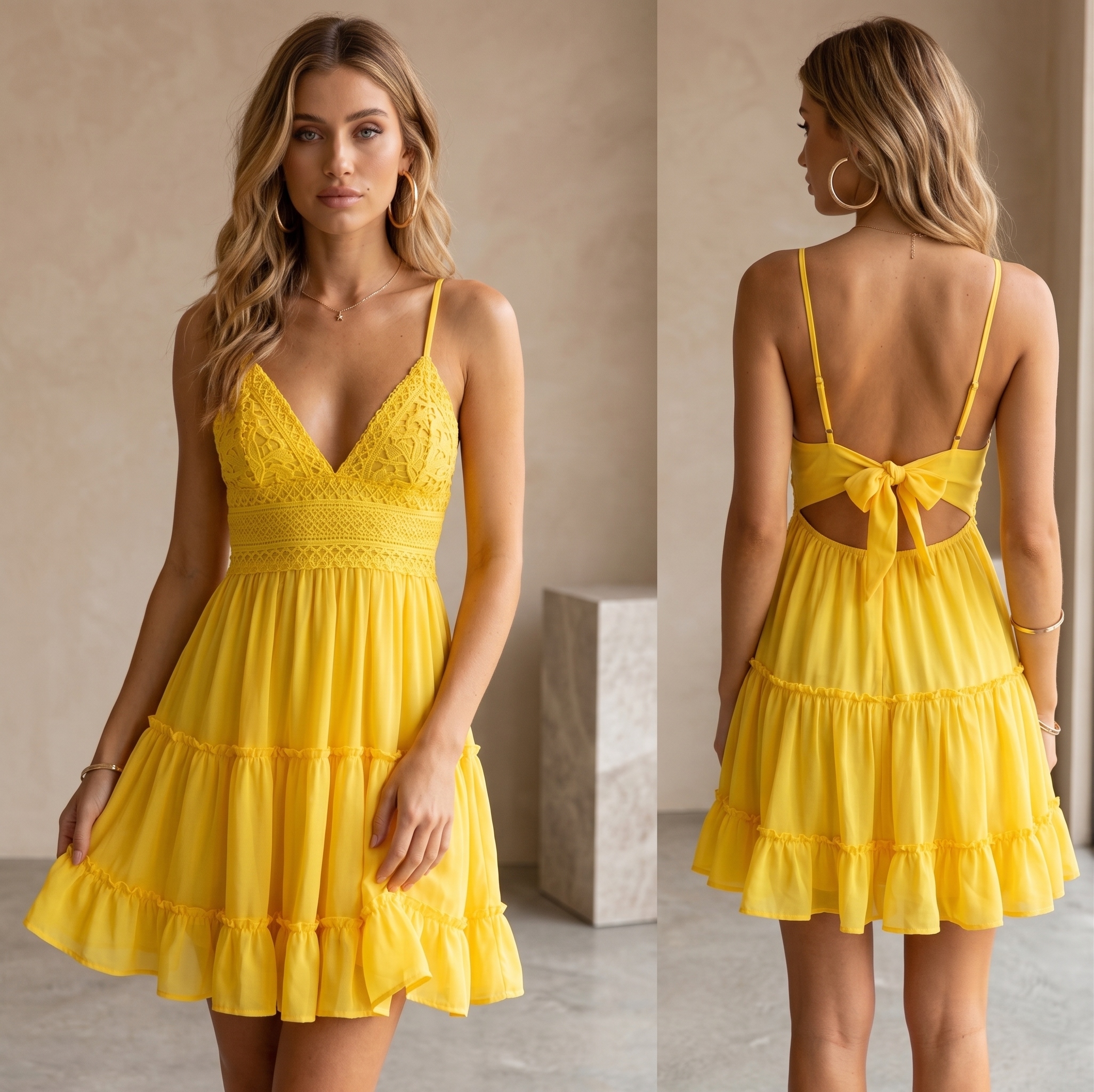 ☀️"Summer Flutter" Romantic Lace-Trim Tie-Back Tiered Mini Dress