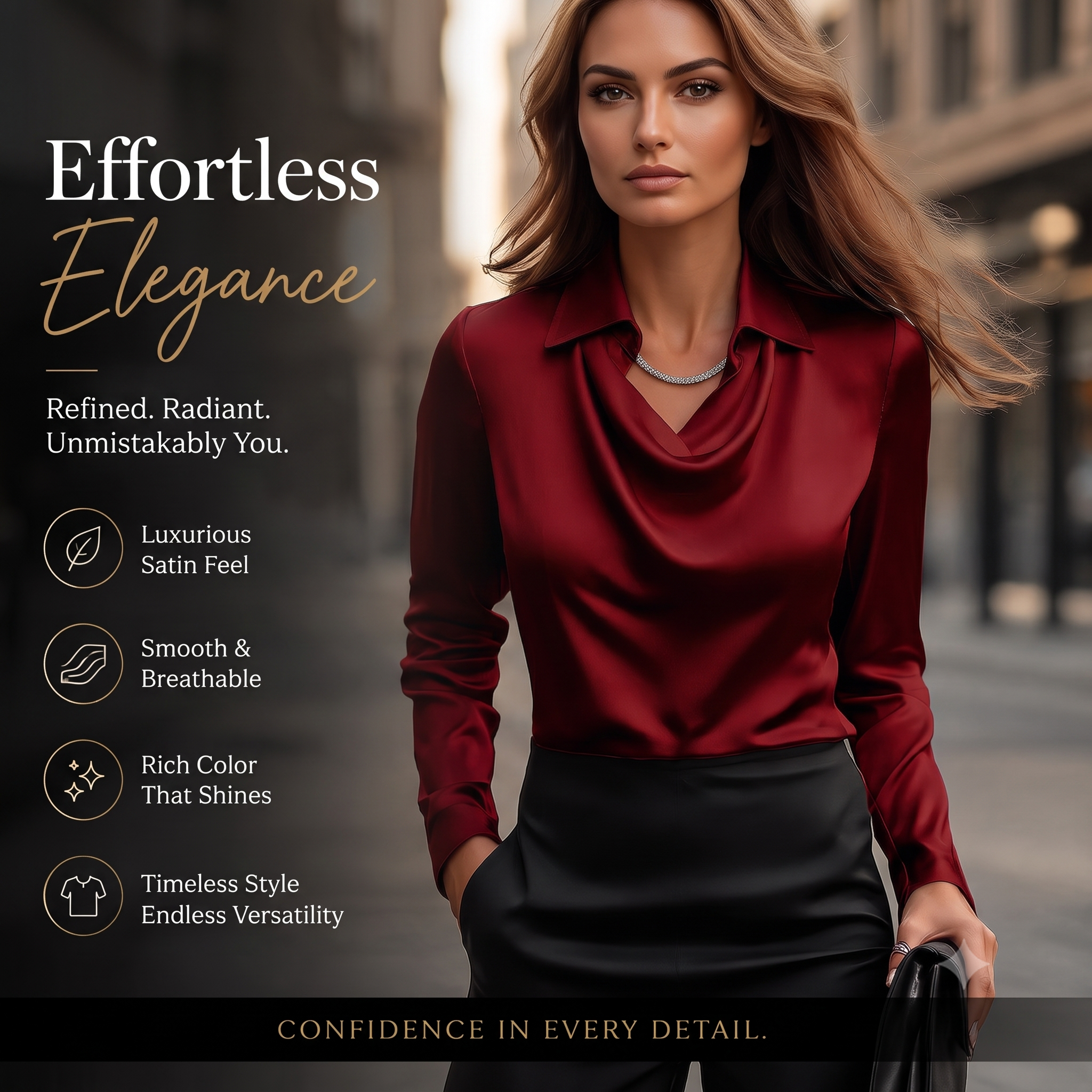 Women's Satin Blouse Top, Cowl Neck Collared Shirt, Elegant Loose Fit Office Work Top for Women