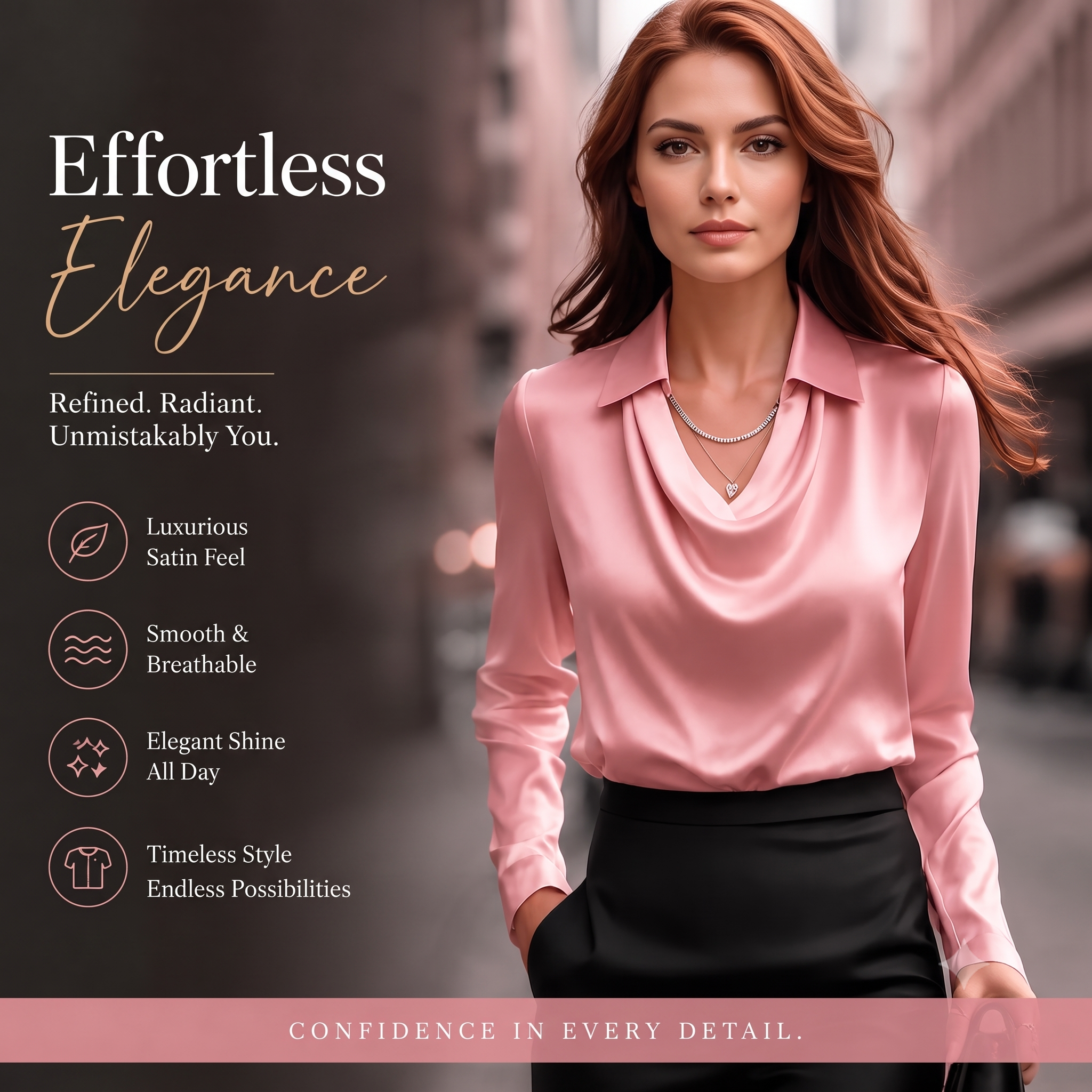 Women's Satin Blouse Top, Cowl Neck Collared Shirt, Elegant Loose Fit Office Work Top for Women