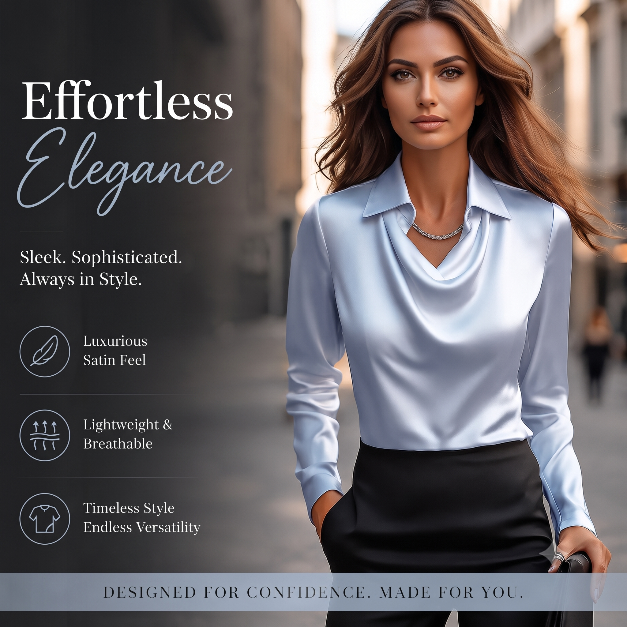Women's Satin Blouse Top, Cowl Neck Collared Shirt, Elegant Loose Fit Office Work Top for Women