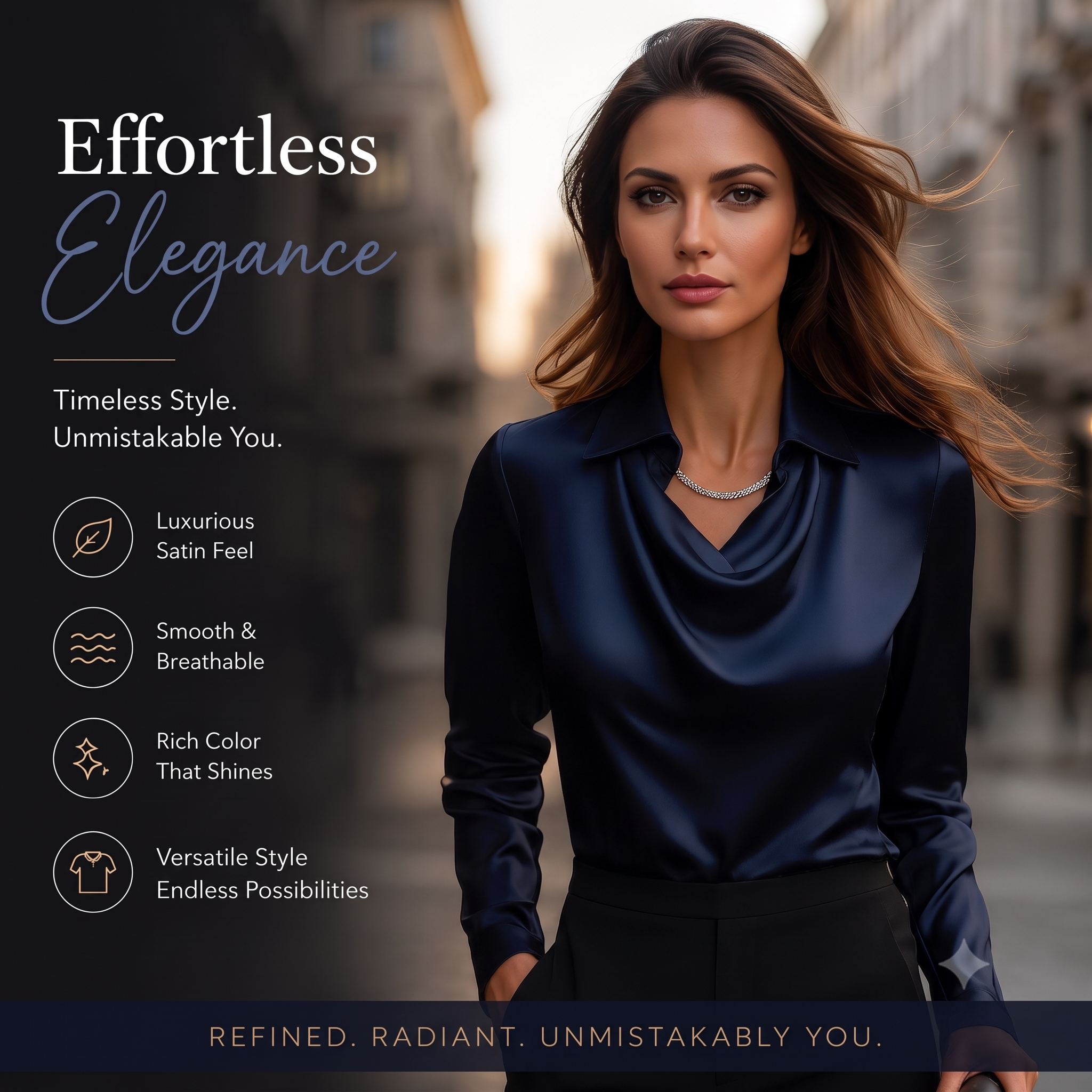 Women's Satin Blouse Top, Cowl Neck Collared Shirt, Elegant Loose Fit Office Work Top for Women