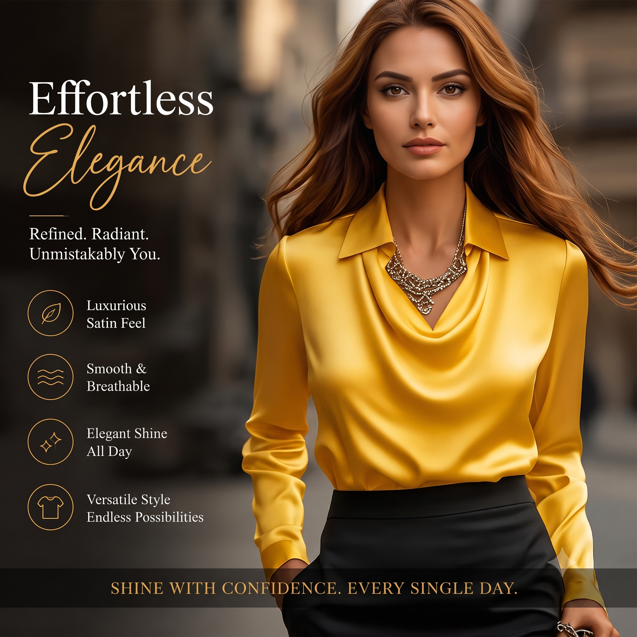 Women's Satin Blouse Top, Cowl Neck Collared Shirt, Elegant Loose Fit Office Work Top for Women