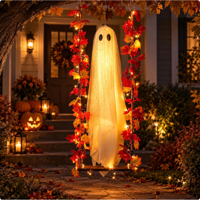 Lighted Hanging Ghost Halloween Decor - Ghost on Swing with Fall Maple Lights - Remote Timer Porch Decoration - Spooky Outdoor Yard Decor