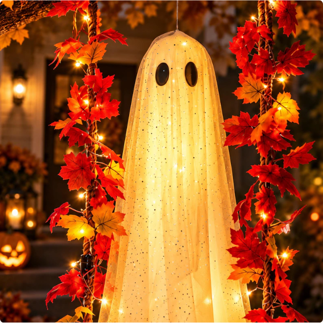 Lighted Hanging Ghost Halloween Decor - Ghost on Swing with Fall Maple Lights - Remote Timer Porch Decoration - Spooky Outdoor Yard Decor