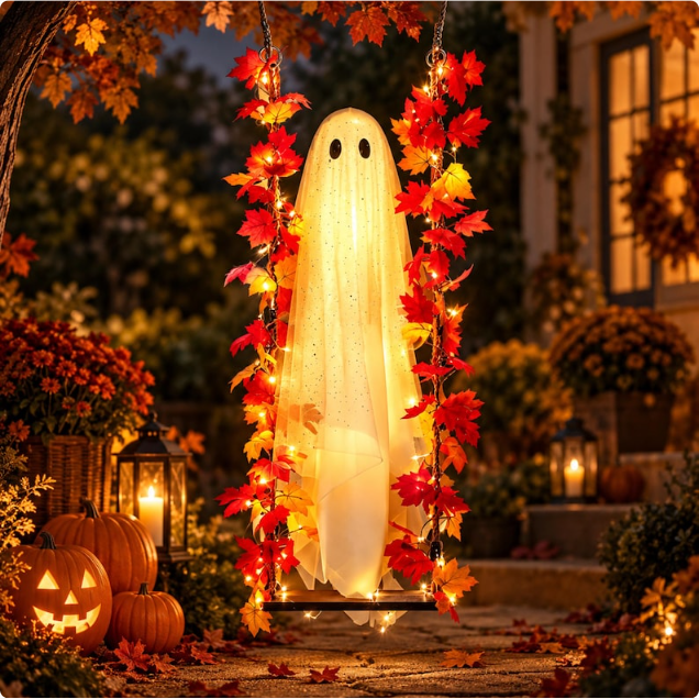 Lighted Hanging Ghost Halloween Decor - Ghost on Swing with Fall Maple Lights - Remote Timer Porch Decoration - Spooky Outdoor Yard Decor