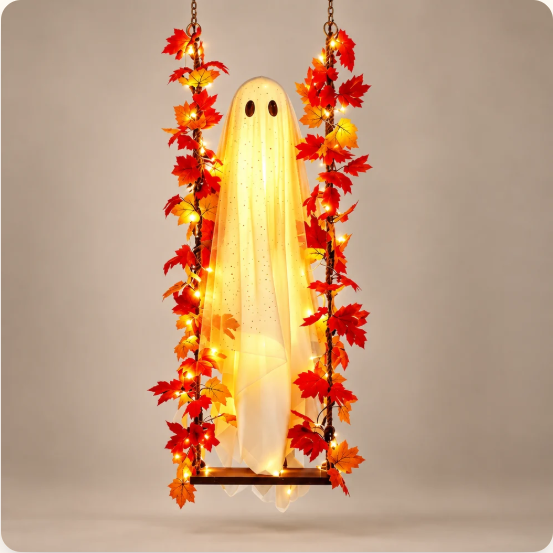 Lighted Hanging Ghost Halloween Decor - Ghost on Swing with Fall Maple Lights - Remote Timer Porch Decoration - Spooky Outdoor Yard Decor
