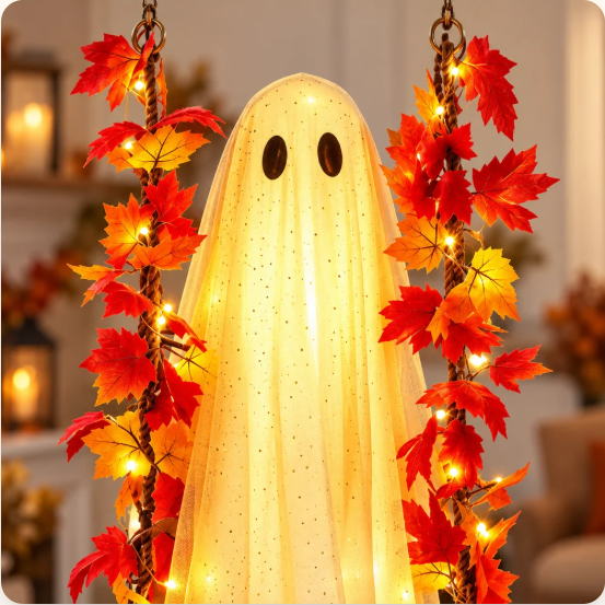 Lighted Hanging Ghost Halloween Decor - Ghost on Swing with Fall Maple Lights - Remote Timer Porch Decoration - Spooky Outdoor Yard Decor