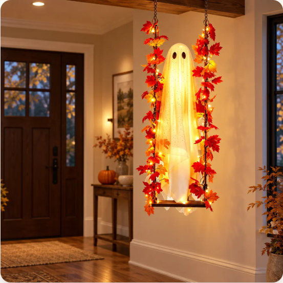 Lighted Hanging Ghost Halloween Decor - Ghost on Swing with Fall Maple Lights - Remote Timer Porch Decoration - Spooky Outdoor Yard Decor