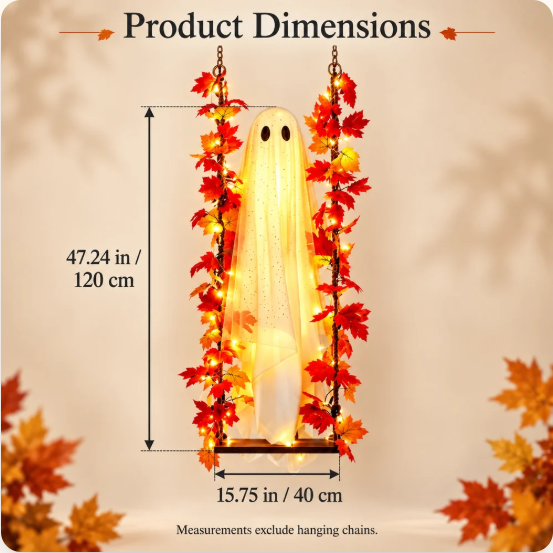 Lighted Hanging Ghost Halloween Decor - Ghost on Swing with Fall Maple Lights - Remote Timer Porch Decoration - Spooky Outdoor Yard Decor