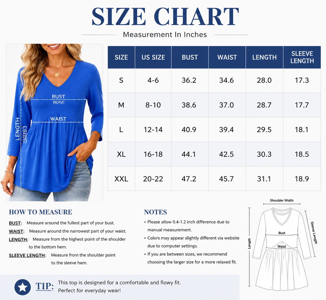 Women's V Neck Peplum Tunic Top – 3/4 Sleeve Flowy Blouse for Casual Everyday Style
