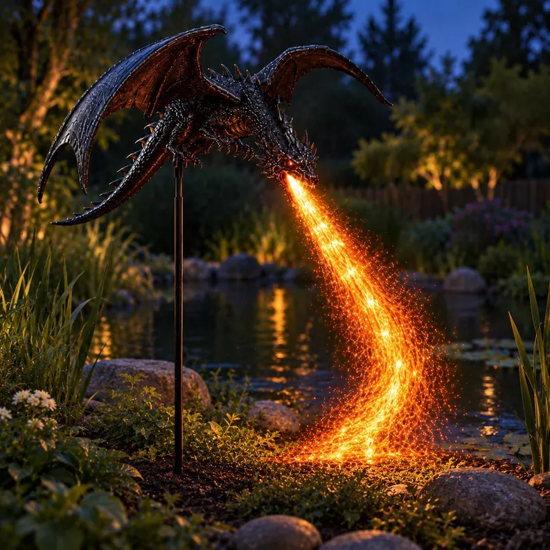 🔥Solar Dragon Garden Light, Fire Breathing Dragon Yard Stake, Outdoor LED Landscape Decor, Gothic Halloween Patio Gift