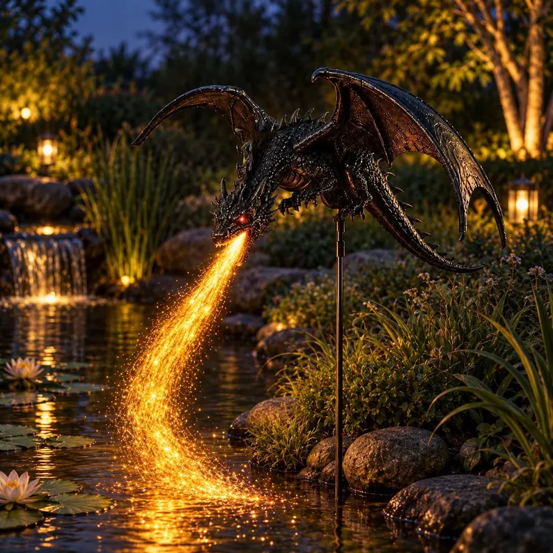 🔥Solar Dragon Garden Light, Fire Breathing Dragon Yard Stake, Outdoor LED Landscape Decor, Gothic Halloween Patio Gift