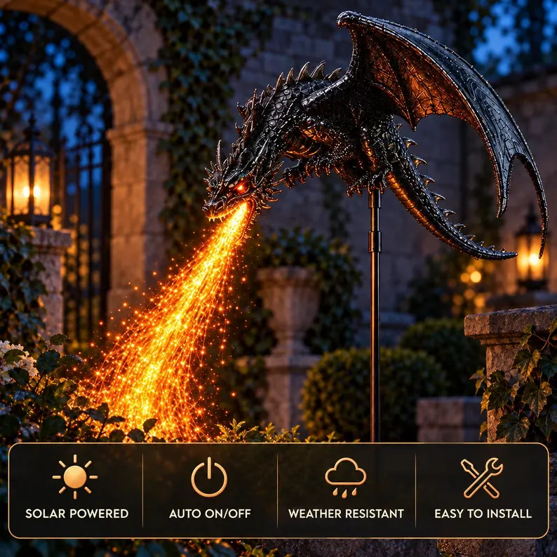 🔥Solar Dragon Garden Light, Fire Breathing Dragon Yard Stake, Outdoor LED Landscape Decor, Gothic Halloween Patio Gift
