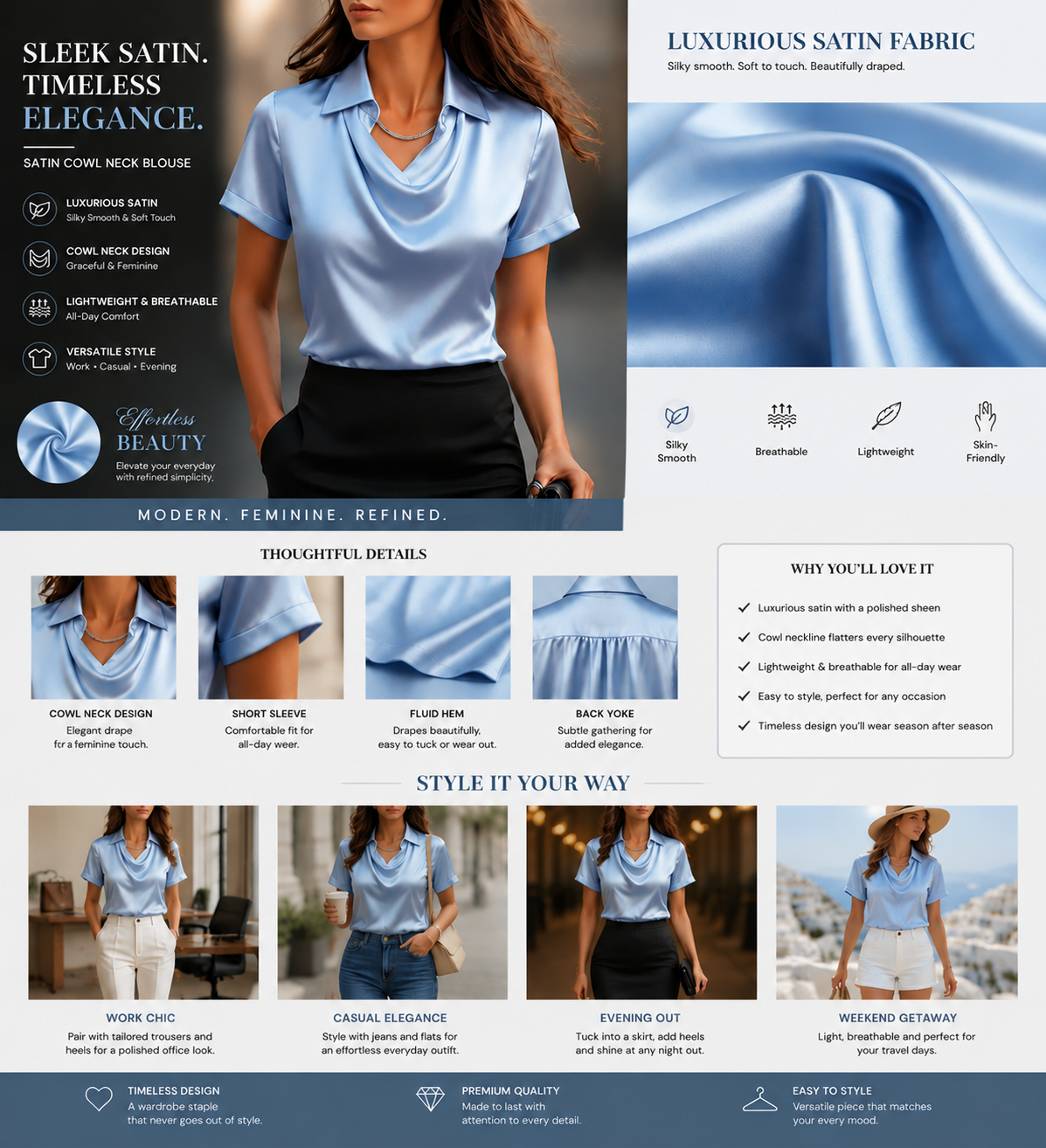 Women's Satin Blouse Top, Cowl Neck Collared Shirt, Elegant Loose Fit Office Work Top for Women