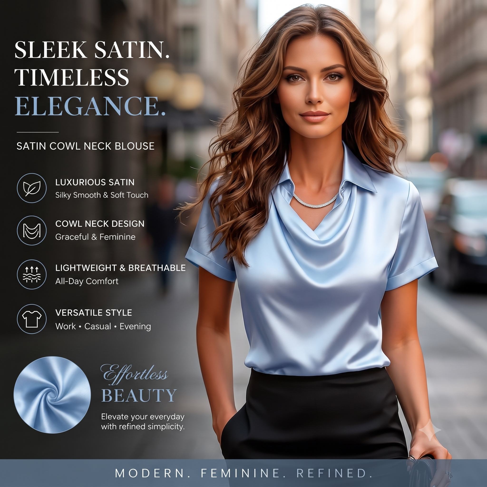 Women's Satin Blouse Top, Cowl Neck Collared Shirt, Elegant Loose Fit Office Work Top for Women