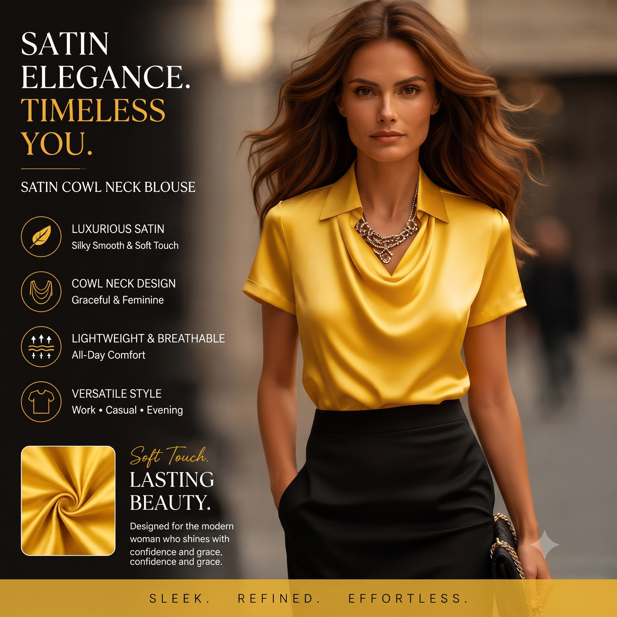 Women's Satin Blouse Top, Cowl Neck Collared Shirt, Elegant Loose Fit Office Work Top for Women