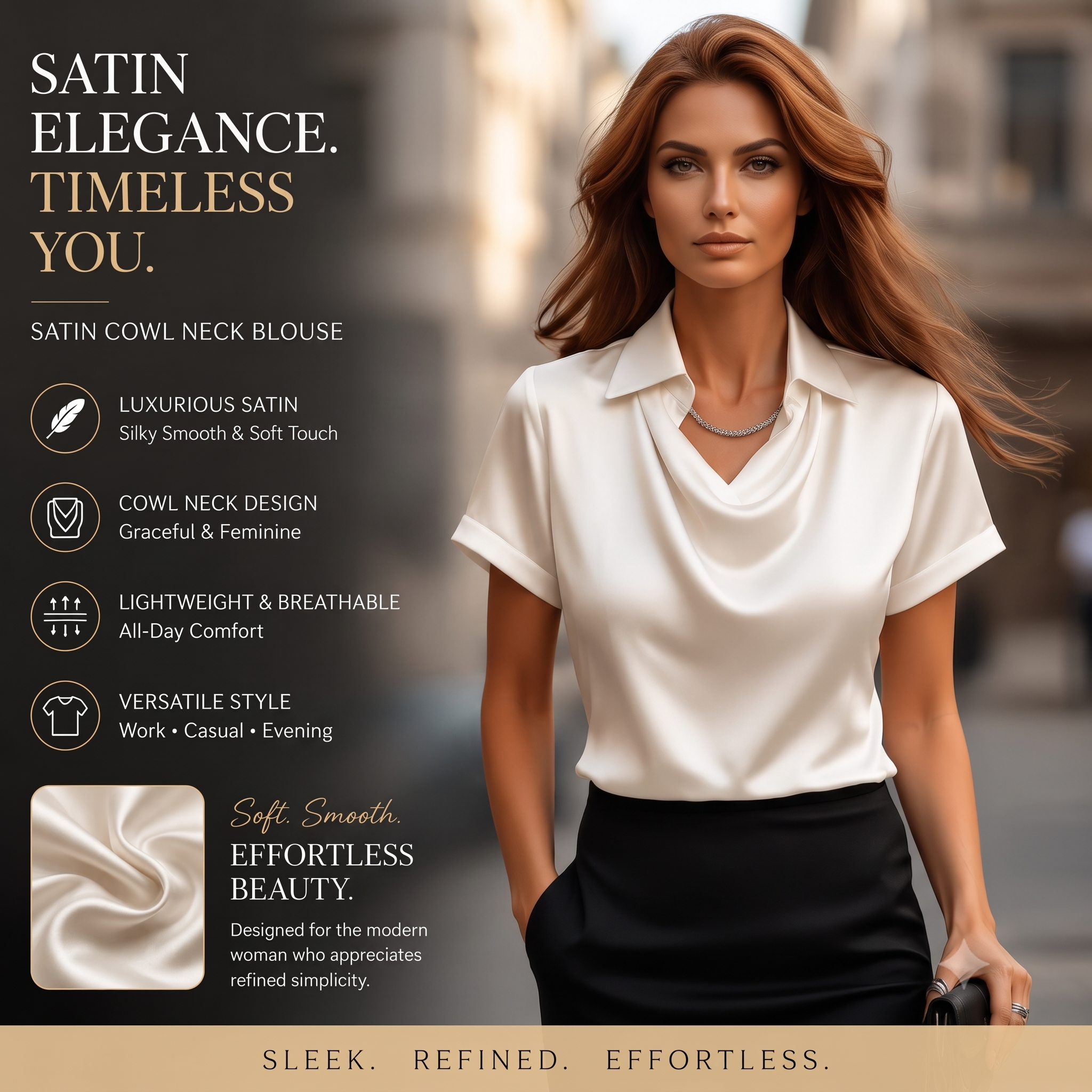 Women's Satin Blouse Top, Cowl Neck Collared Shirt, Elegant Loose Fit Office Work Top for Women