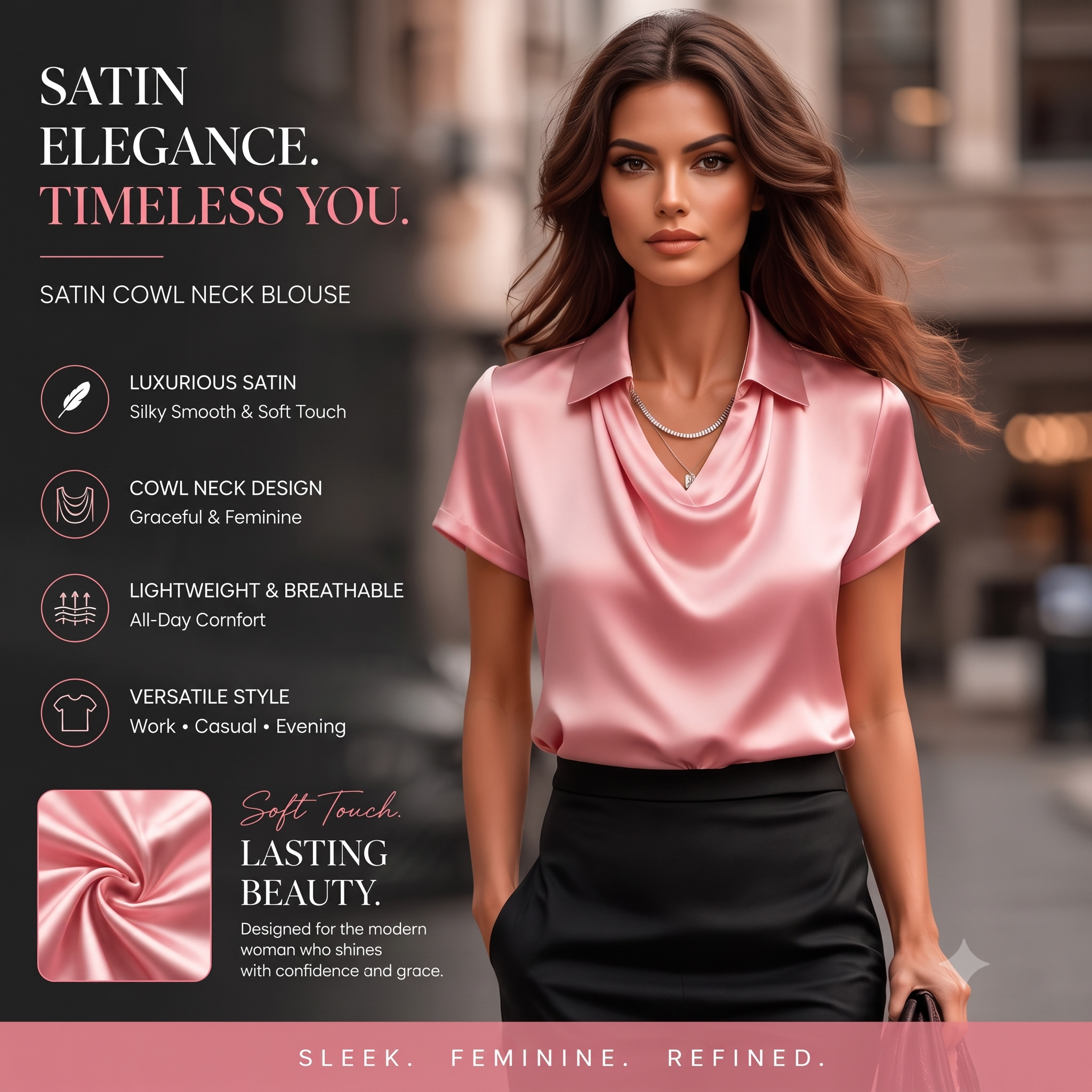Women's Satin Blouse Top, Cowl Neck Collared Shirt, Elegant Loose Fit Office Work Top for Women