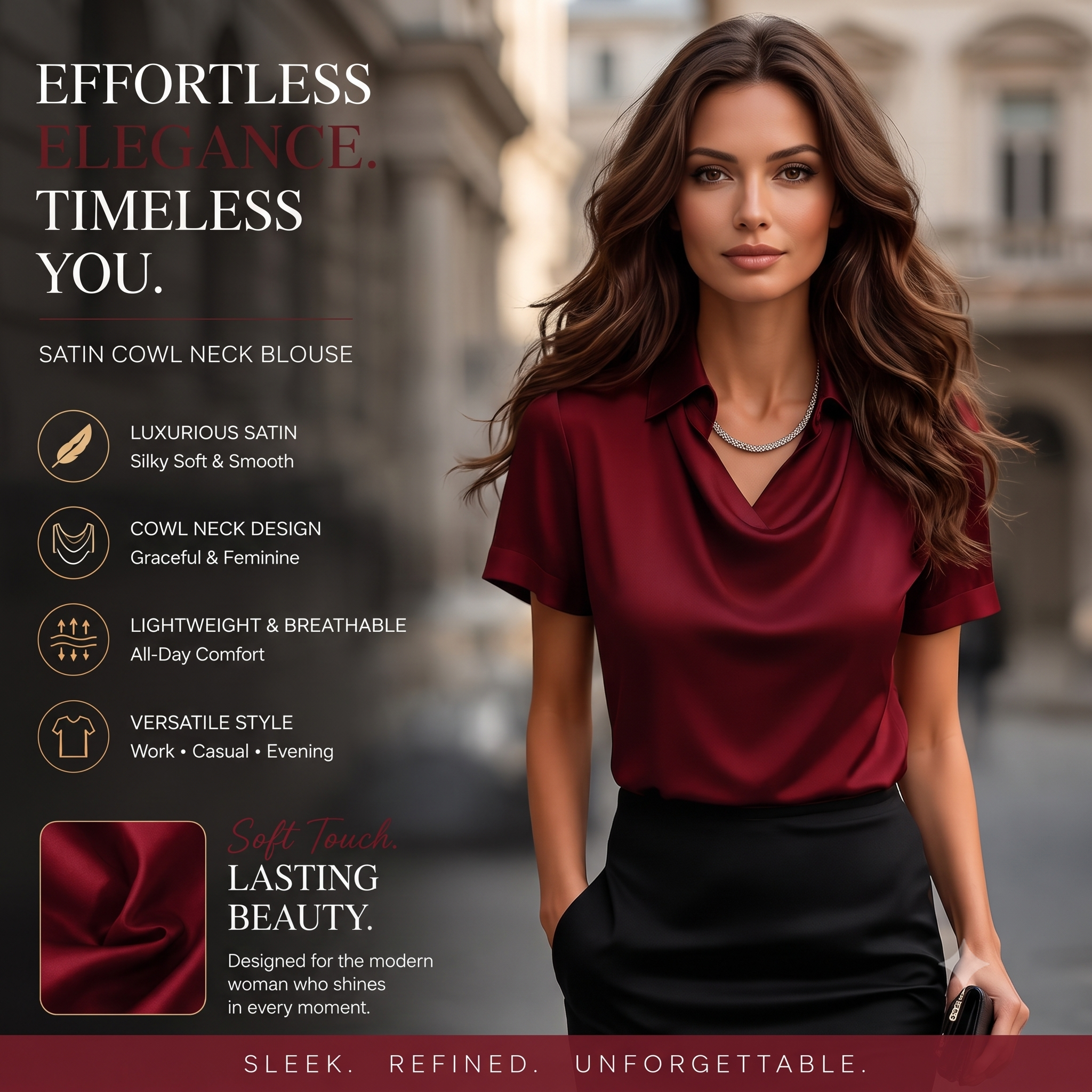 Women's Satin Blouse Top, Cowl Neck Collared Shirt, Elegant Loose Fit Office Work Top for Women