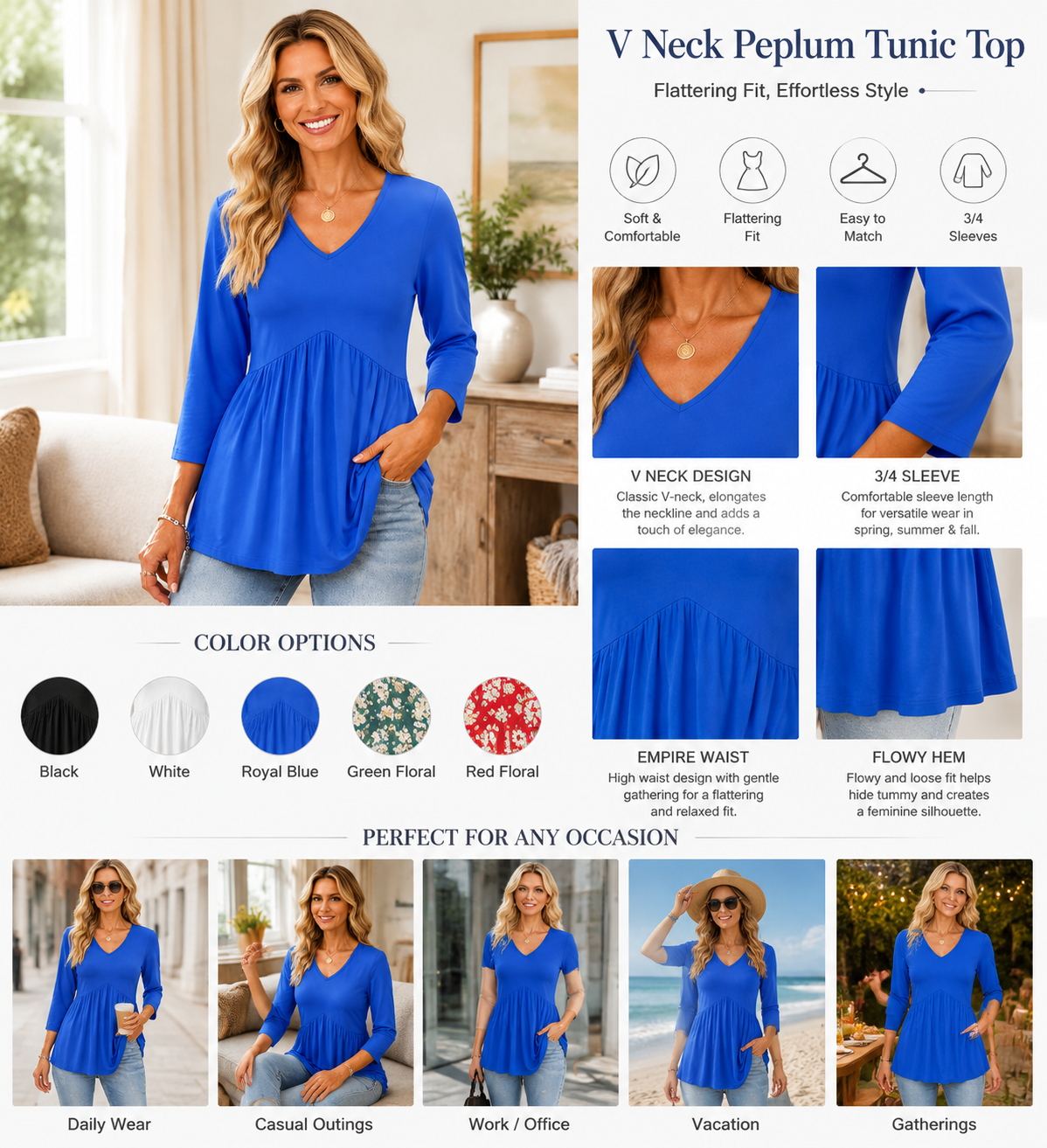 Women's V Neck Peplum Tunic Top – 3/4 Sleeve Flowy Blouse for Casual Everyday Style