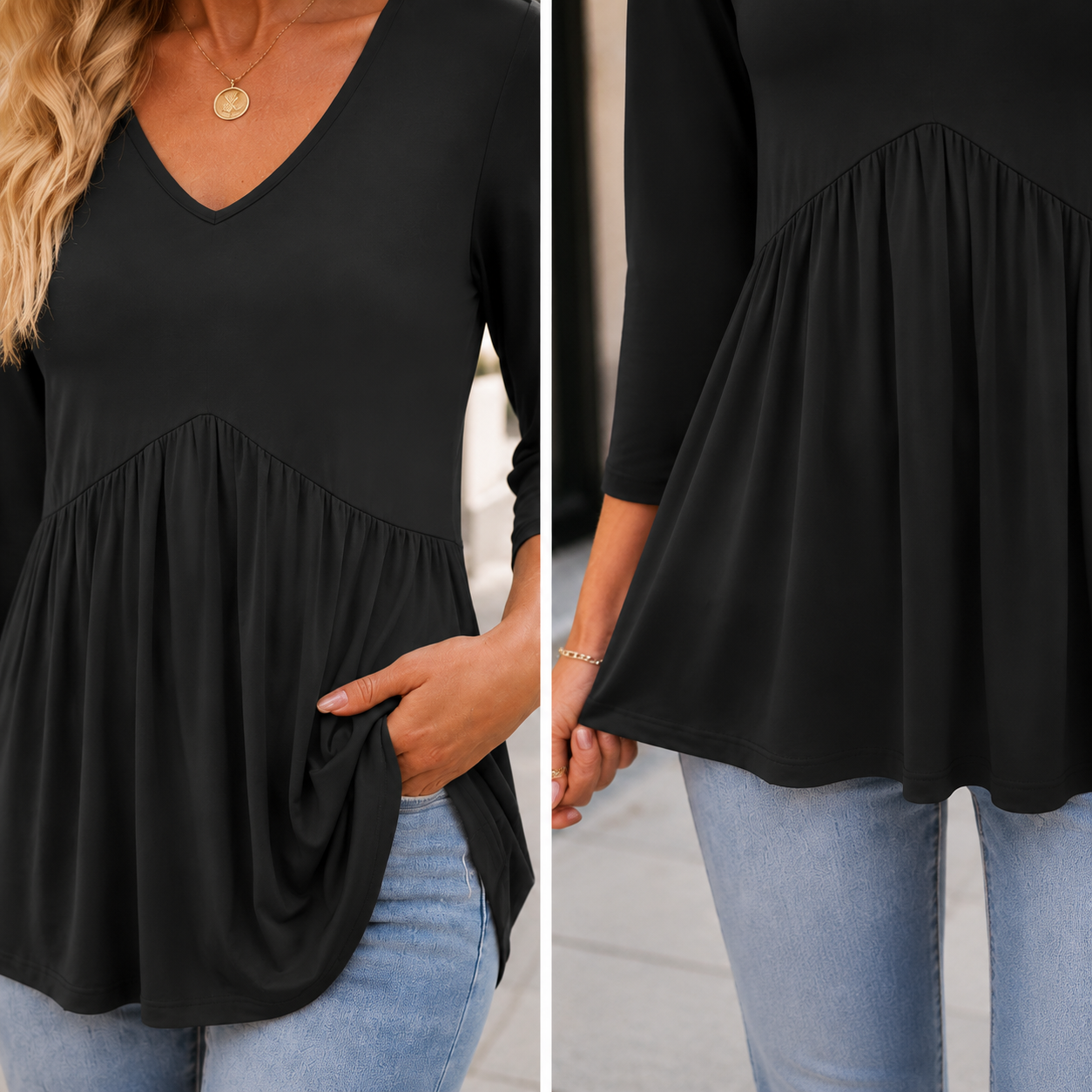 Women's V Neck Peplum Tunic Top – 3/4 Sleeve Flowy Blouse for Casual Everyday Style