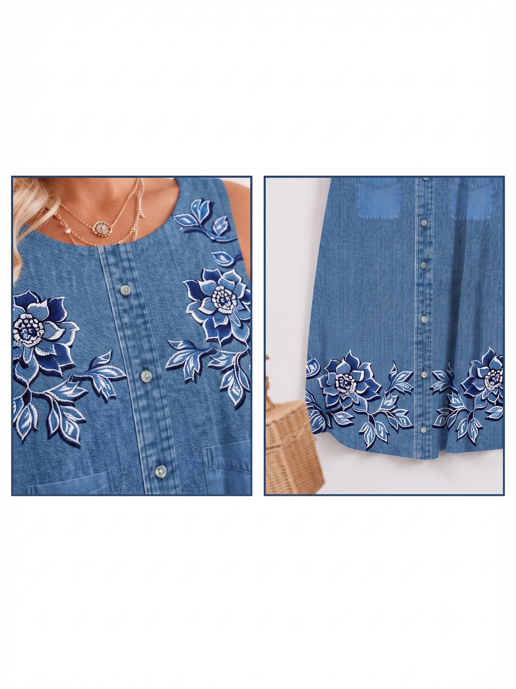 Women's Floral Embroidered Mini Dress – Sleeveless Button Front A-Line Summer Vacation Dress with Pockets