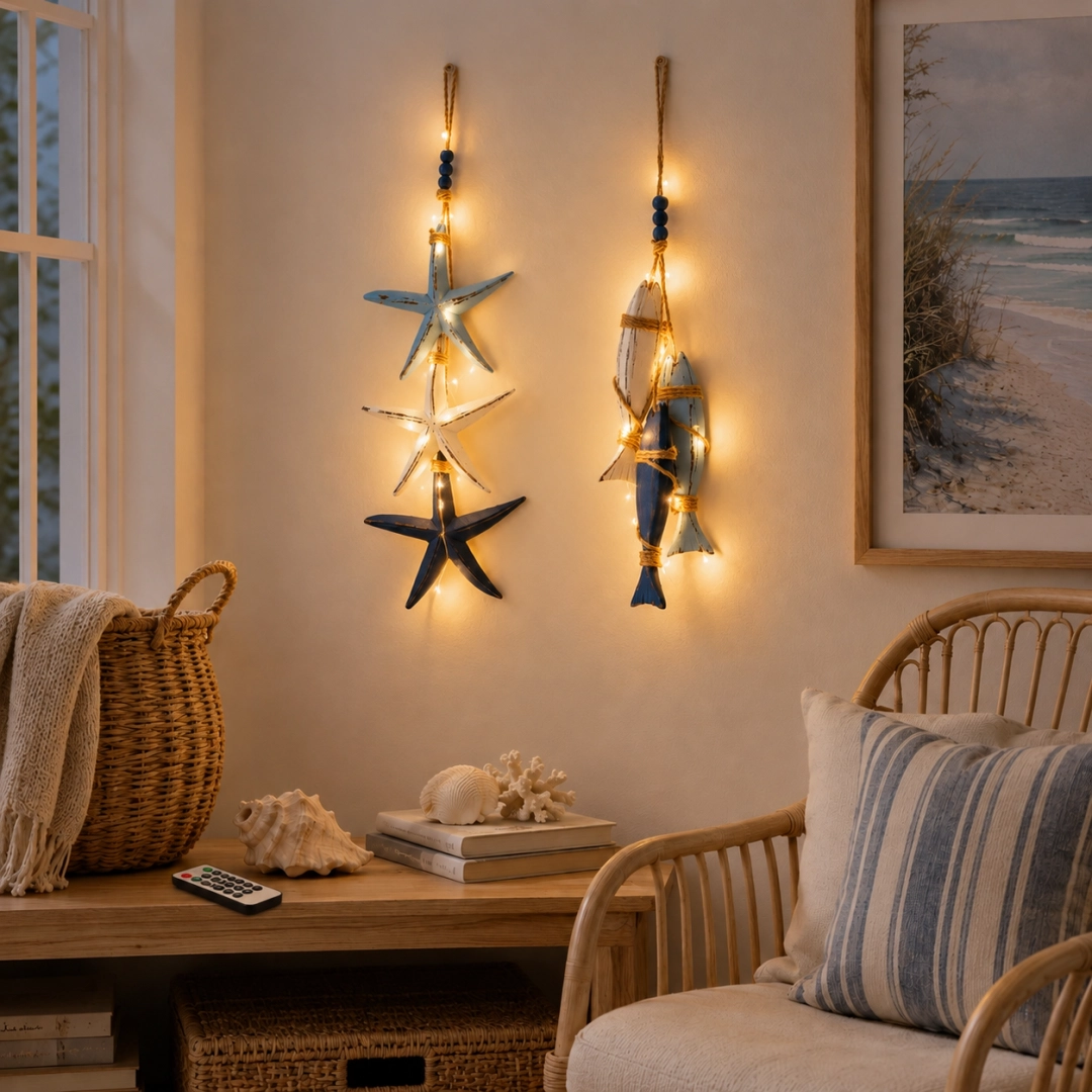23.2 in × 6.7 in Lighted Coastal Wooden Starfish & Fish Hanging Decor