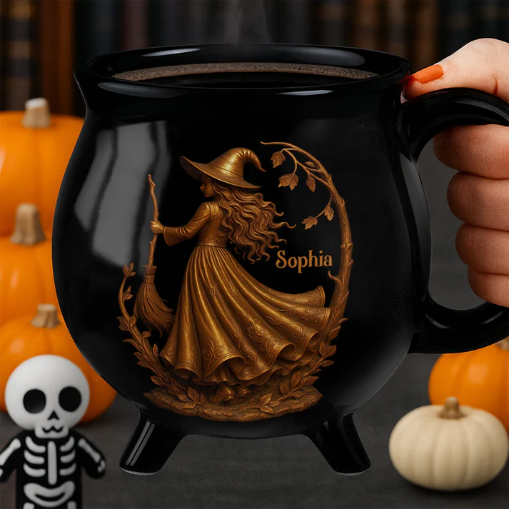 🧙‍♀️ Enchanting Brew Witch Cauldron Mug – Ceramic Coffee Cup with Witch & Broom Design, Perfect Gift for Fantasy Fans ✨