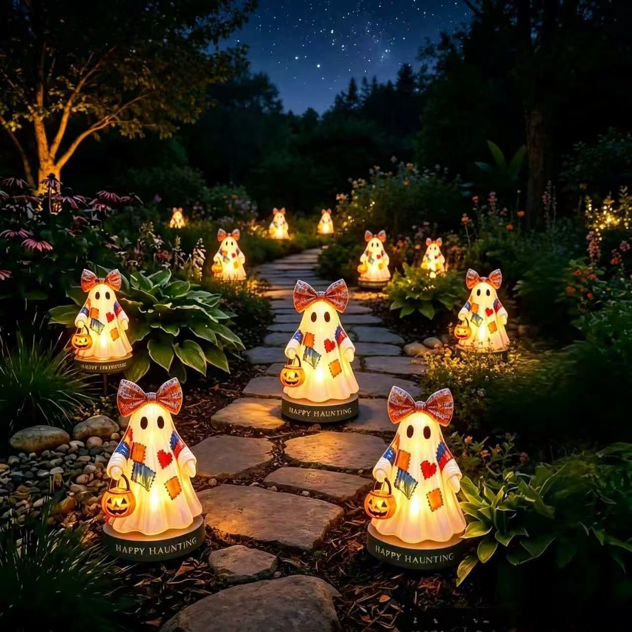 Lighted Vintage Patchwork Ghost Solar Garden Stake Lights – Ideal Halloween Yard Decor