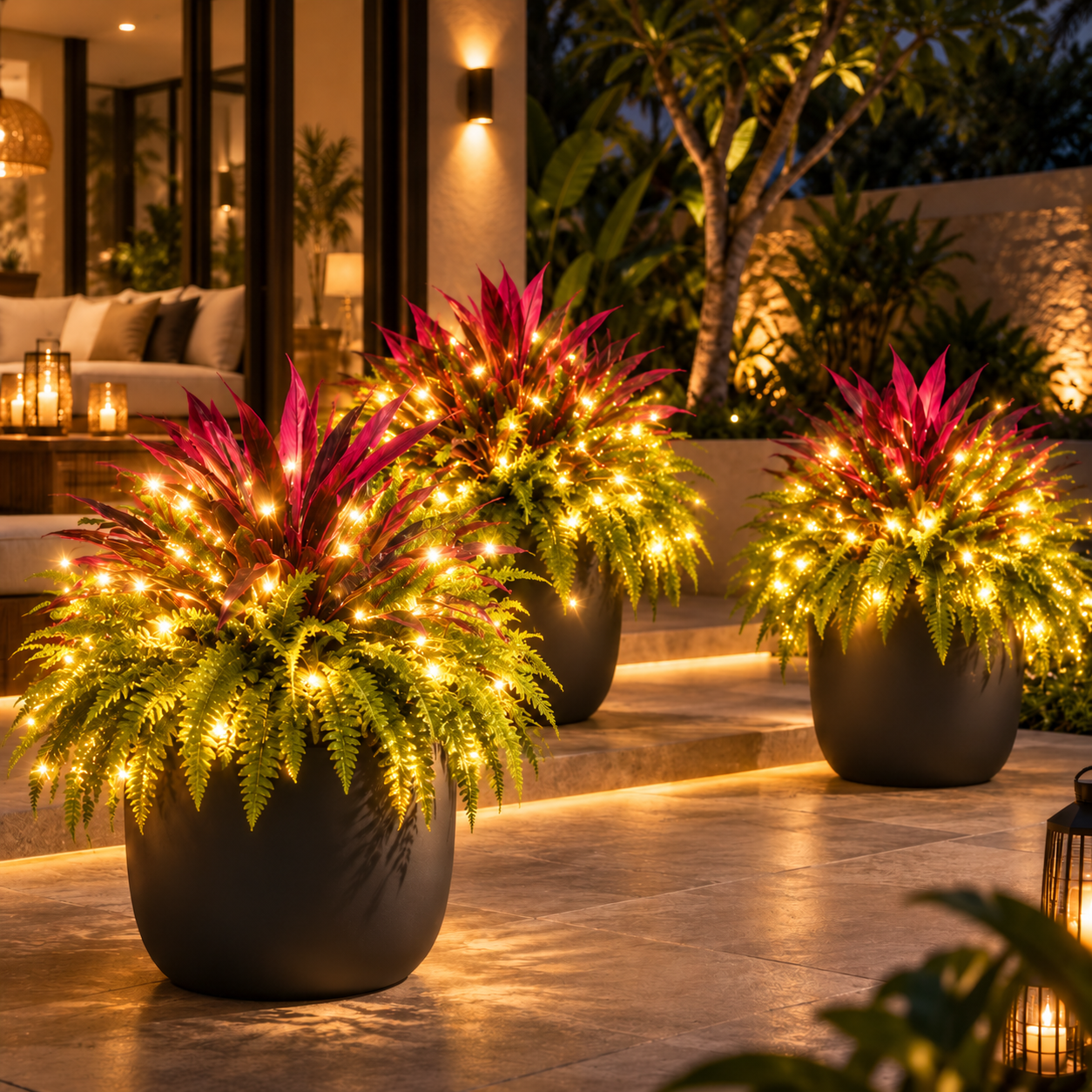 🔥Lighted Artificial Fern and Red Dracaena Decorative Plant– 🌿 Zero Watering, Zero Maintenance