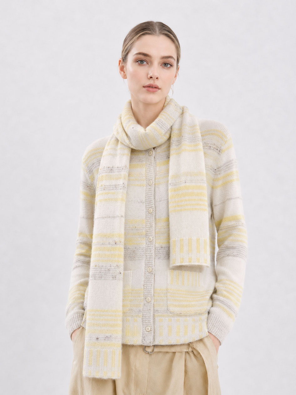 Women Knit Cardigan Set Striped Fuzzy Mohair Sweater Jacket with Matching Scarf Yellow Soft Knitwear for Autumn
