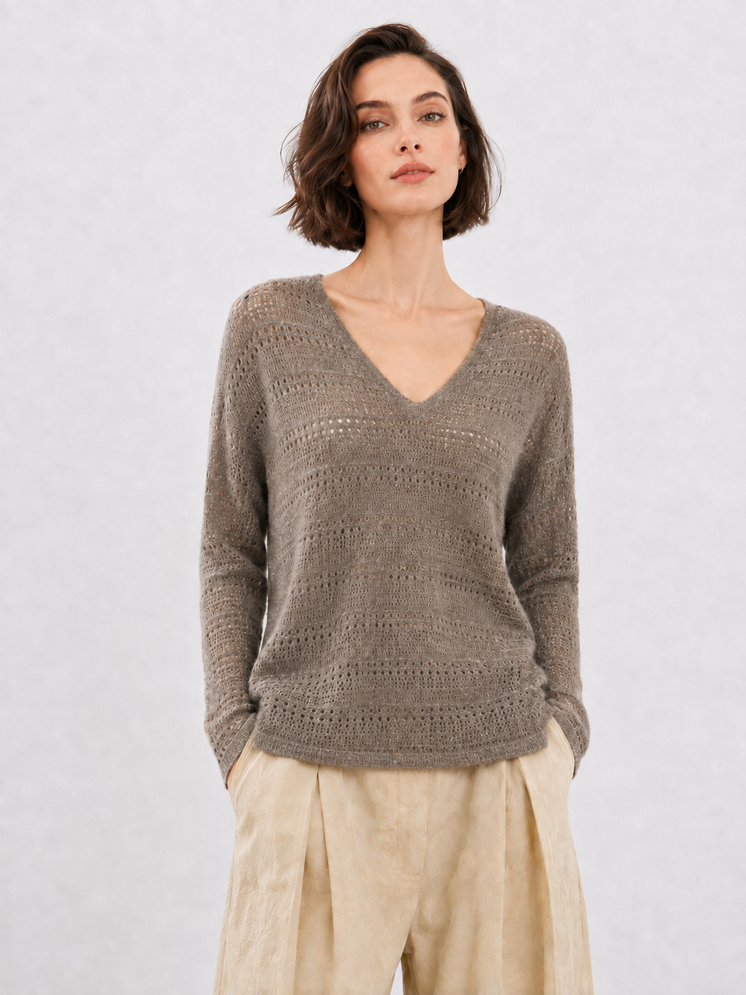 Womens Pointelle Knit Sweater V Neck Loose Pullover Taupe Lightweight Openwork Ladies Jumper Spring Autumn Knitwear
