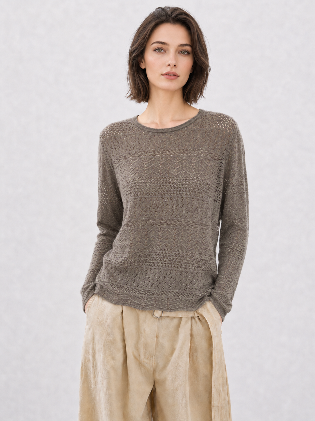 Womens Crew Neck Pointelle Knit Sweater Loose Pullover Taupe Lightweight Openwork Ladies Jumper Spring Autumn Knitwear