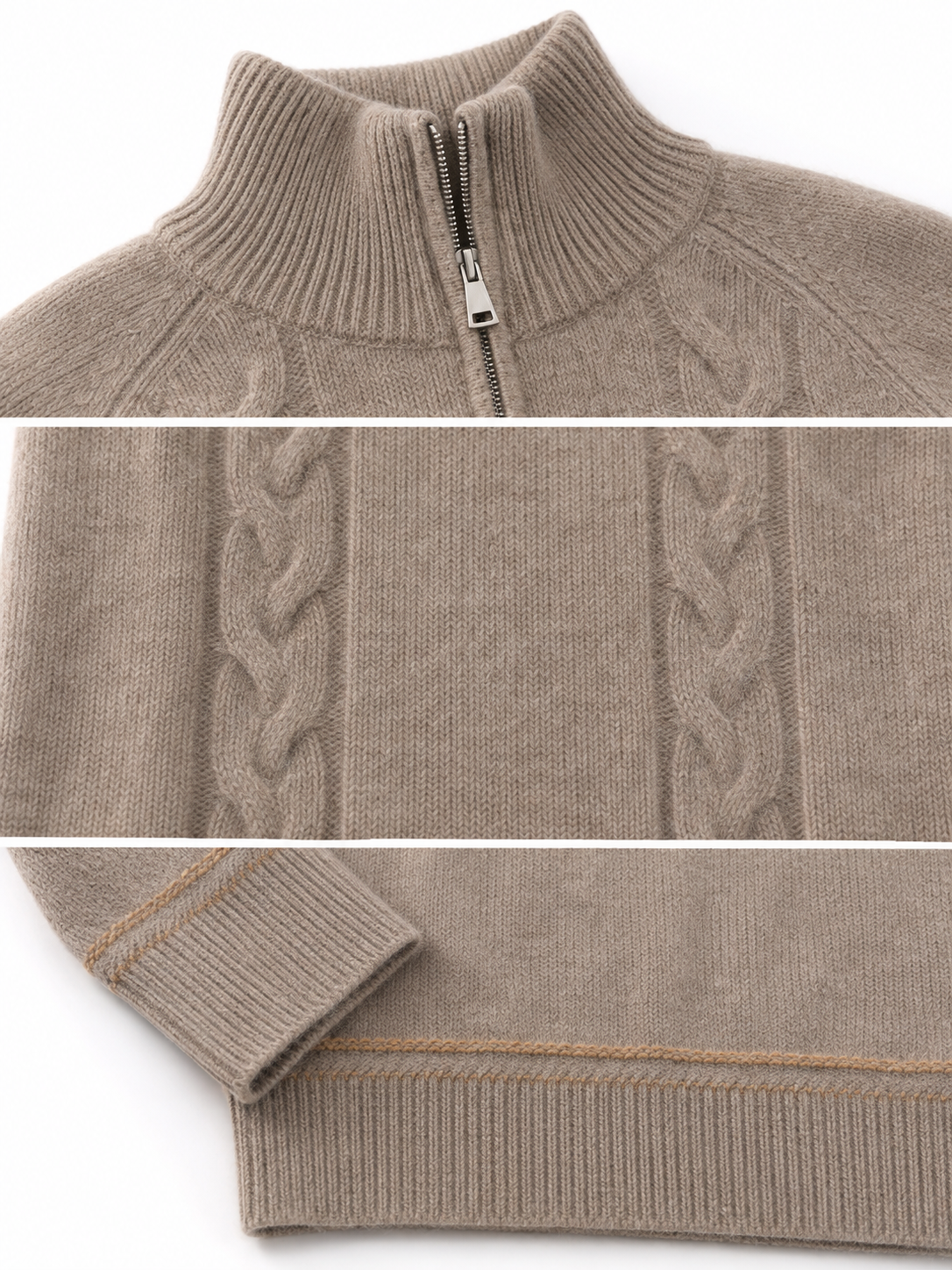 Women Quarter Zip Sweater Mock Neck Cable Knit Pullover Ladies Stand Collar Taupe Mocha Jumper Autumn Winter Knitwear