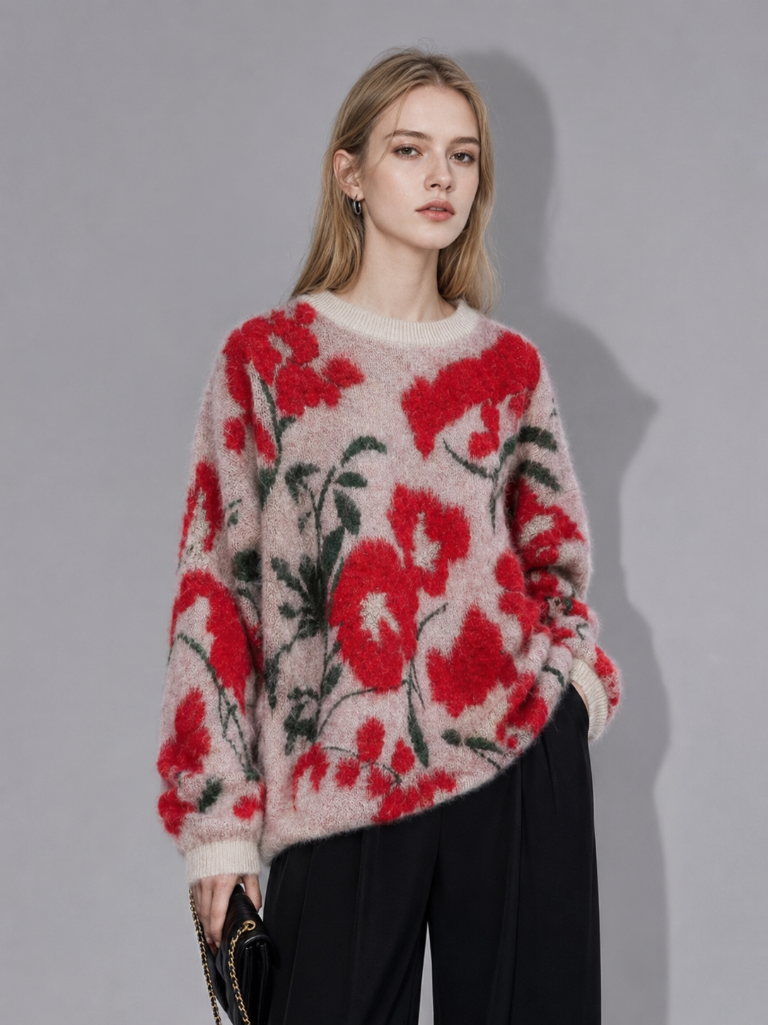 Custom Knitwear Manufacturer Print Pattern Floral Sweater Women Knitted Pullover Crew Neck Winter Knit Women Sweater