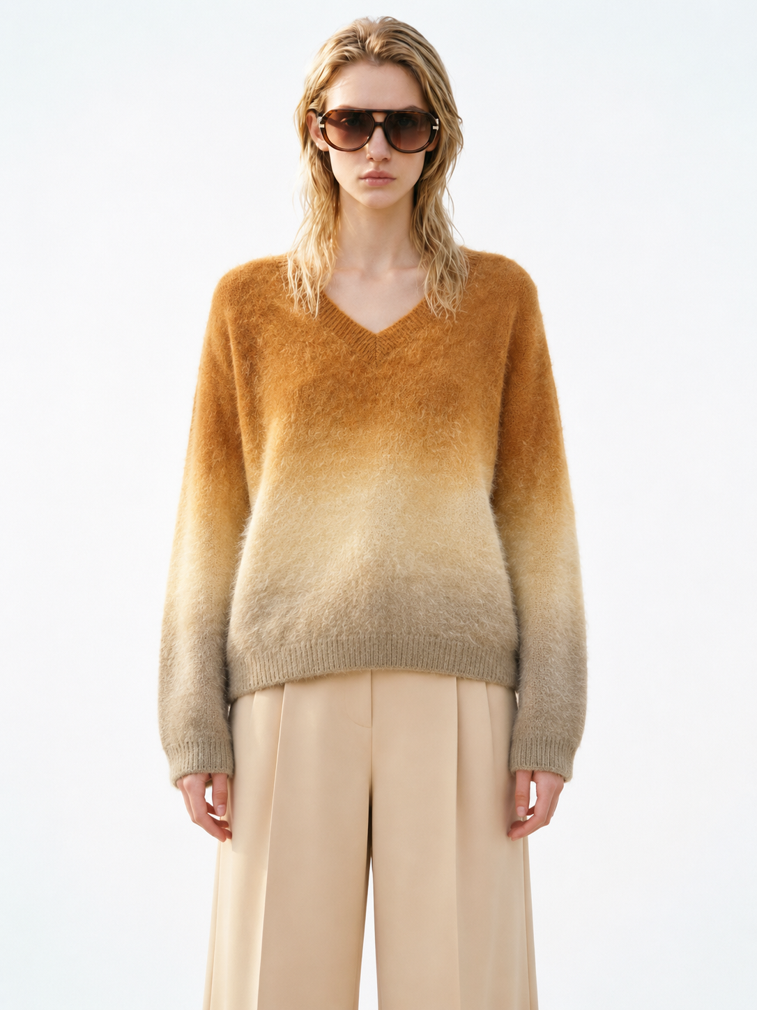 Ombre Gradient Mohair Sweater Women Caramel Fuzzy Knit V Neck Oversized Dip Dye Pullover Fluffy Jumper Drop Shoulder