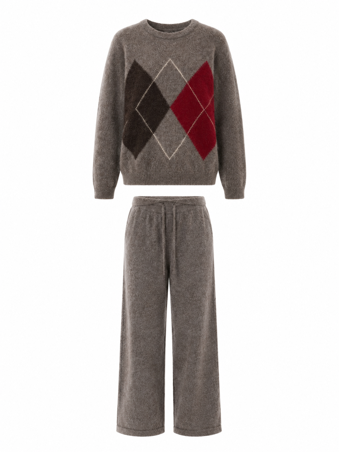 Womens Argyle Knit Sweater and Wide Leg Pants Set Round Neck Jacquard Pullover Ladies Autumn Winter Two Piece Knitwear