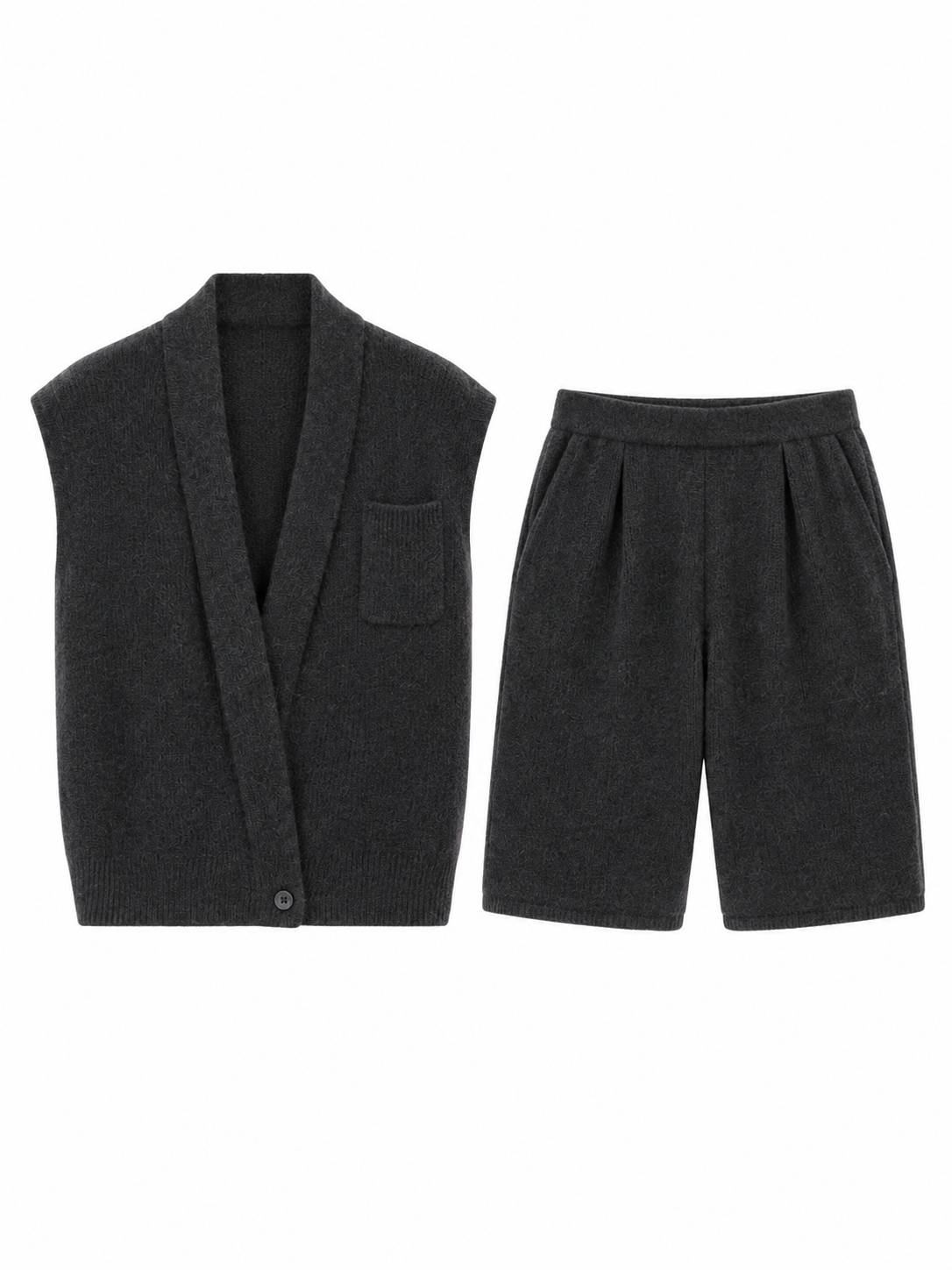 Women's Charcoal Gray Knit Two Piece Set Sleeveless Lapel Cardigan Vest and Wide Leg Shorts for Office Casual Wear