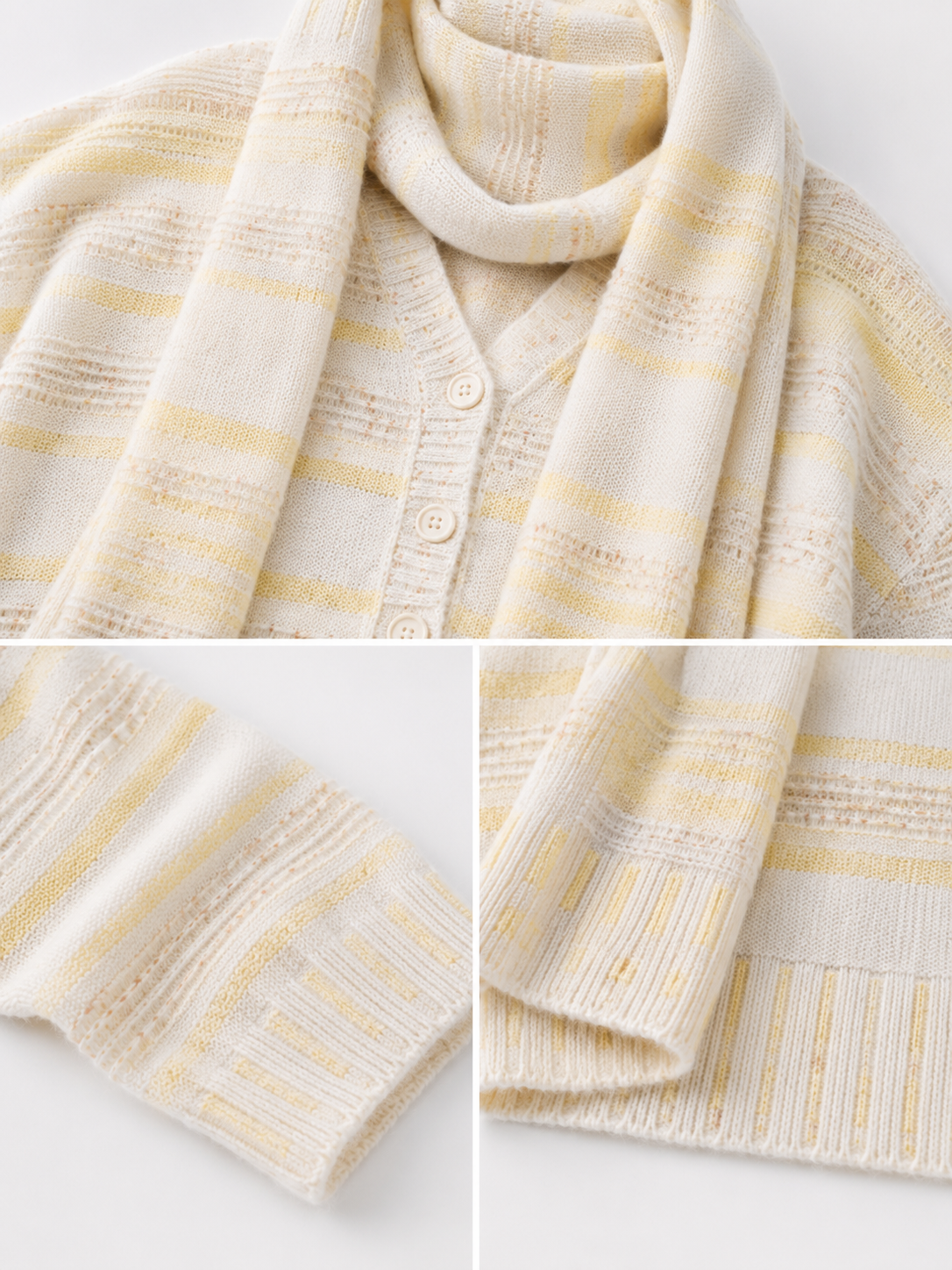 Soft Wool Striped Cardigan & Scarf Set – Relaxed Cream Knit Sweater