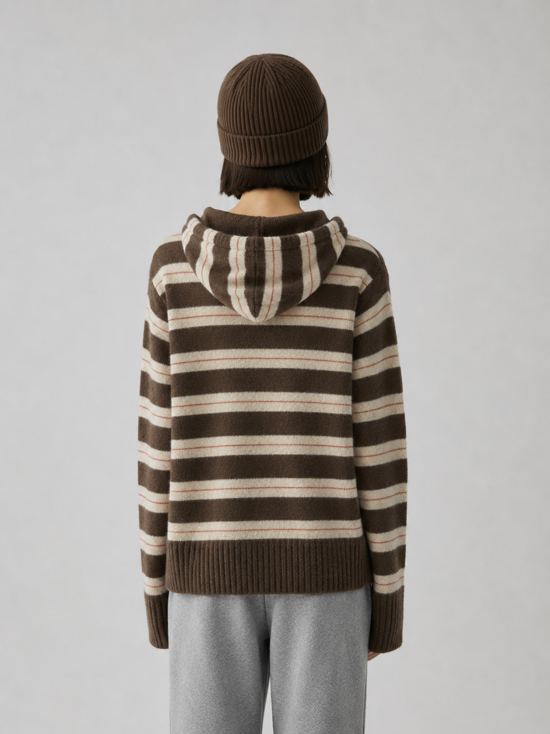 Luxury Wool Striped Hooded Cardigan Jacket – Vintage Zip Knit Sweater for Women