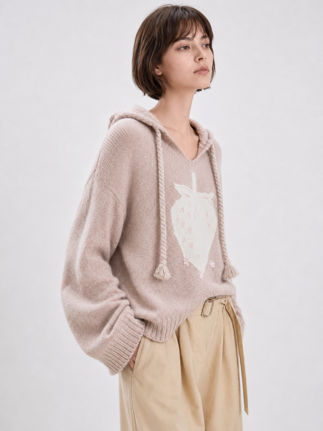 Cute Wool Hooded Sweater with Strawberry Embroidery – Soft Pink Knit Pullover for Women